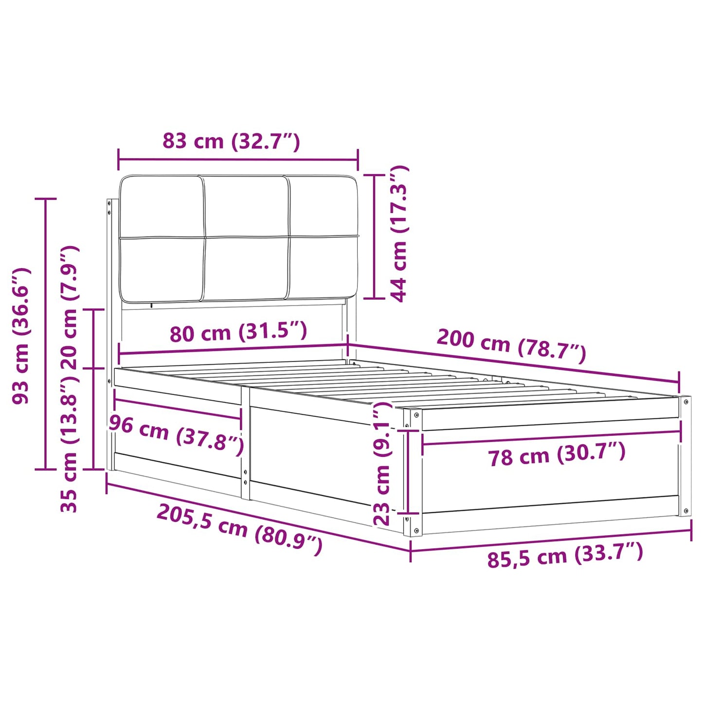 Bedframe met Gevoerd Hoofdgedeelte Lichtgrijs 80 x 200 cm