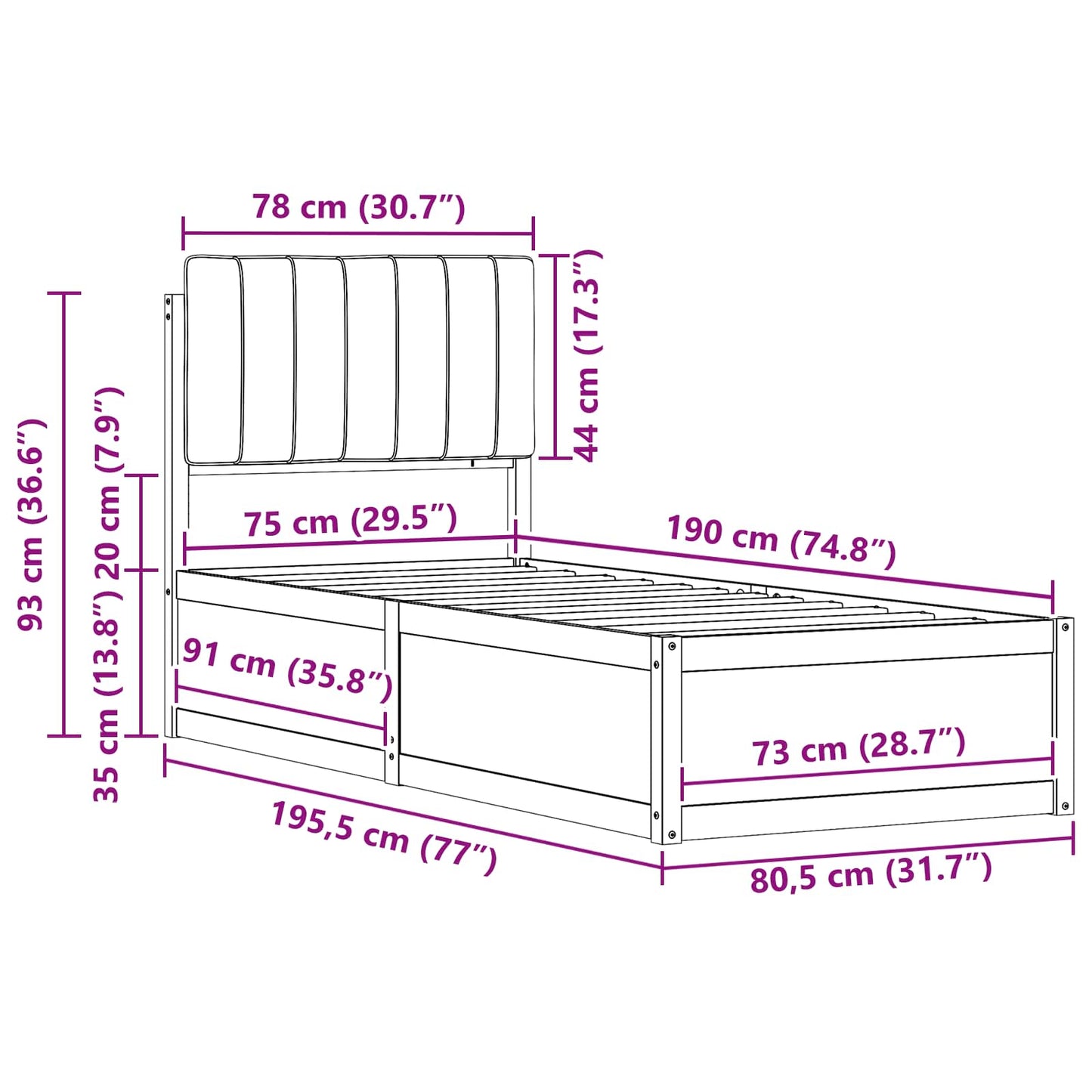 Bedframe met Gevoerd Hoofdgedeelte Lichtgrijs 75 x 190 cm