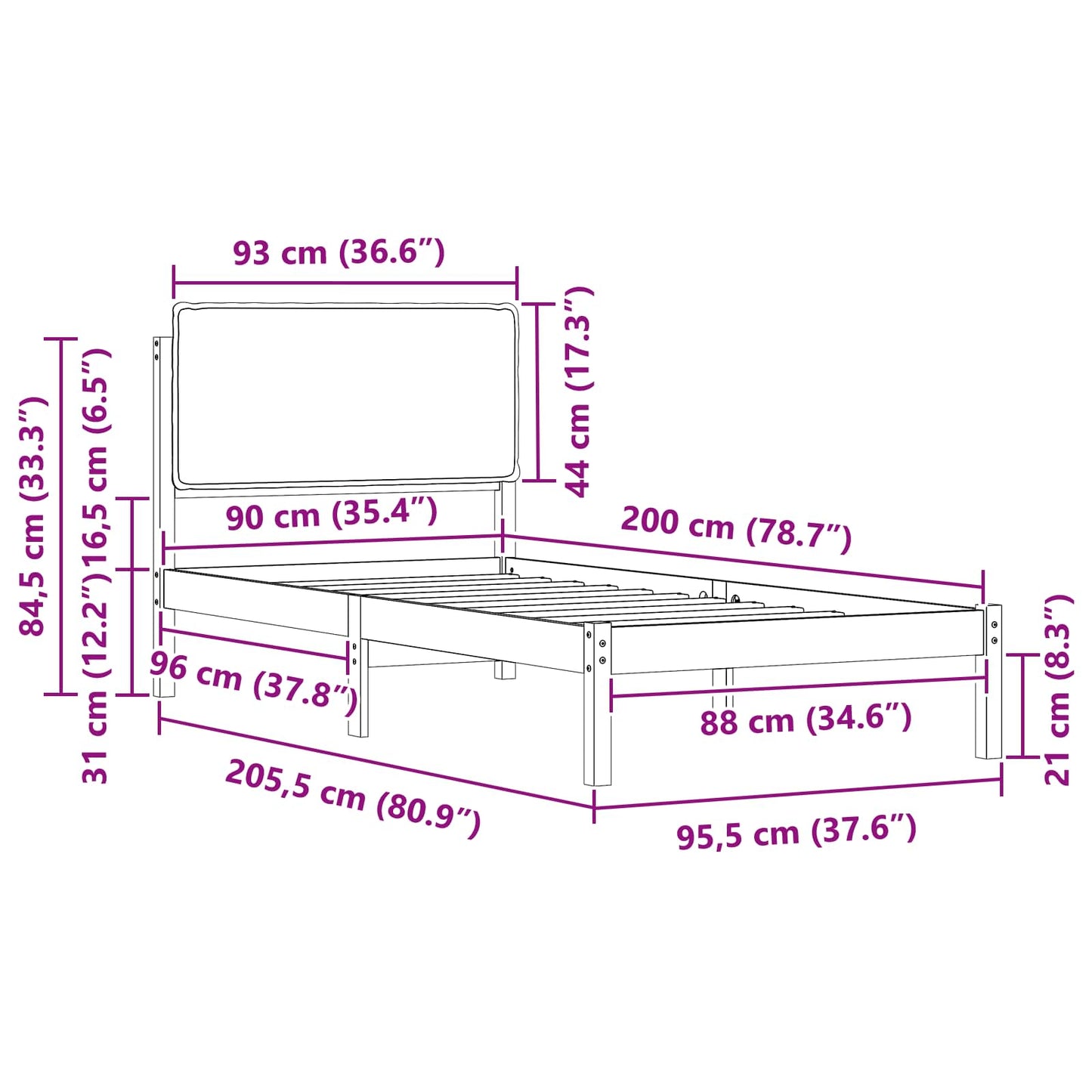 Bedframe met Gevoerd Hoofdgedeelte Lichtgrijs 90 x 200 cm