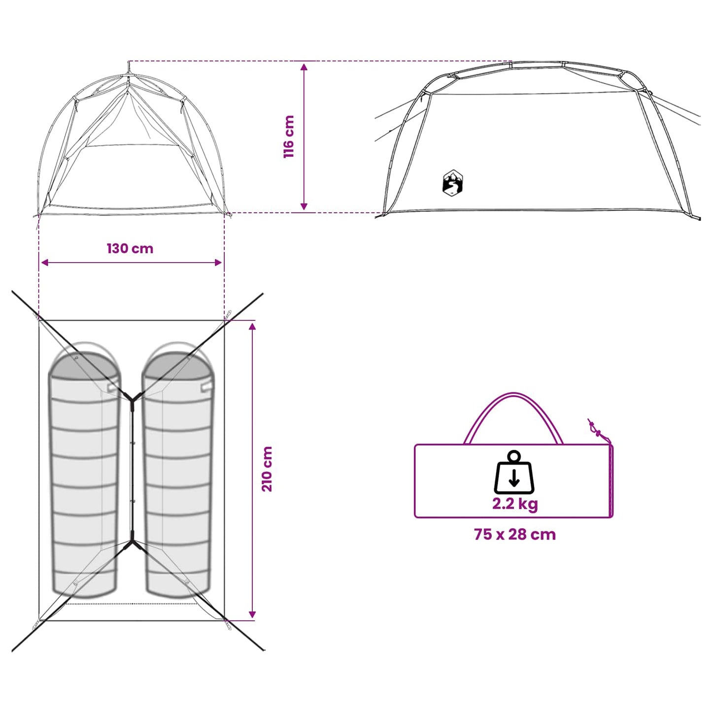 Tunneltent Groen 2-persoons 185T Polyester met PU Coating