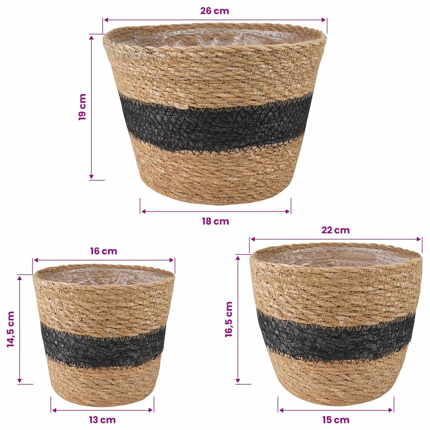 Zeegras Plantenmanden 3 pcs Naturel en Zwart Ø26 x 19 cm