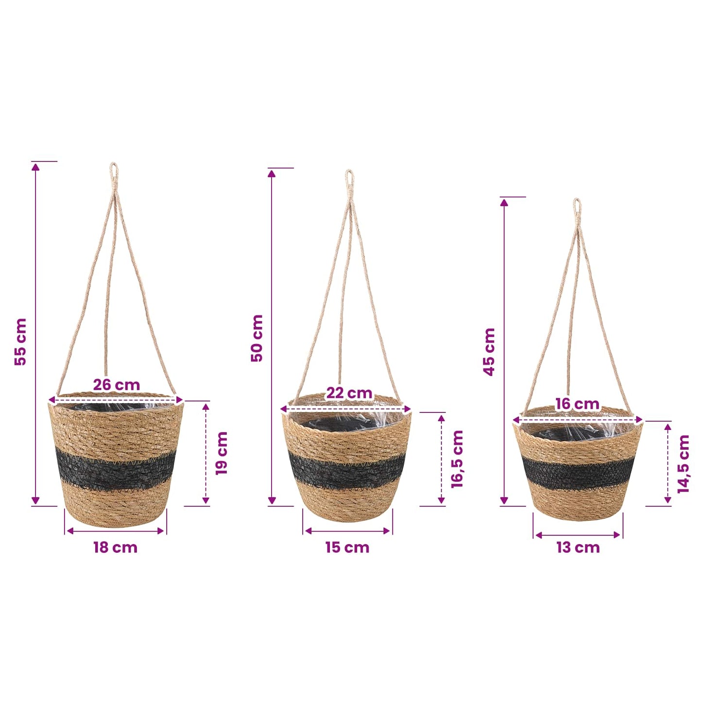 Zeegras Plantenmanden 3 pcs Naturel en Zwart Ø26 x 19 cm