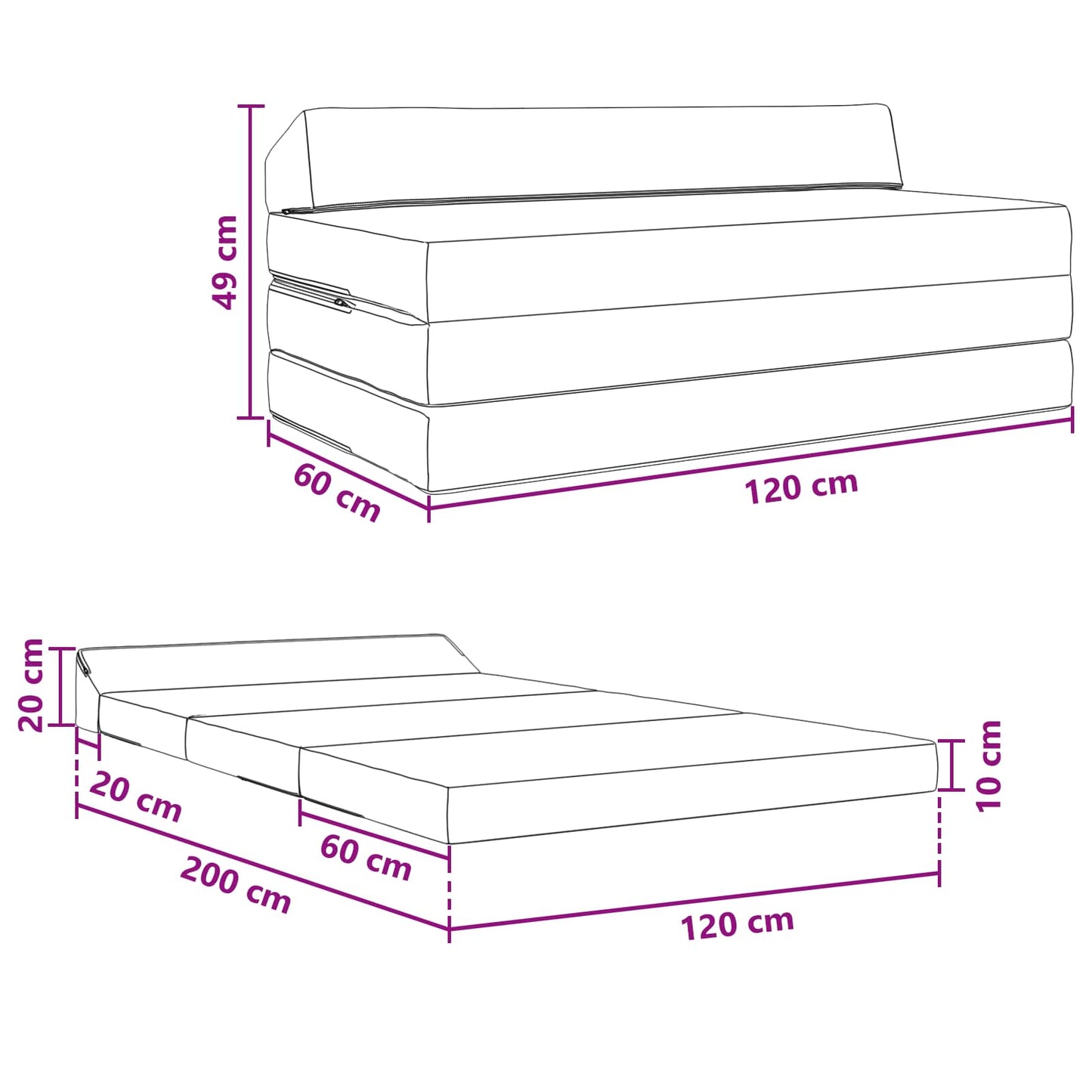 Vouwbare Bankbed Lichtgrijs 120 x 60 x 49 cm Stof