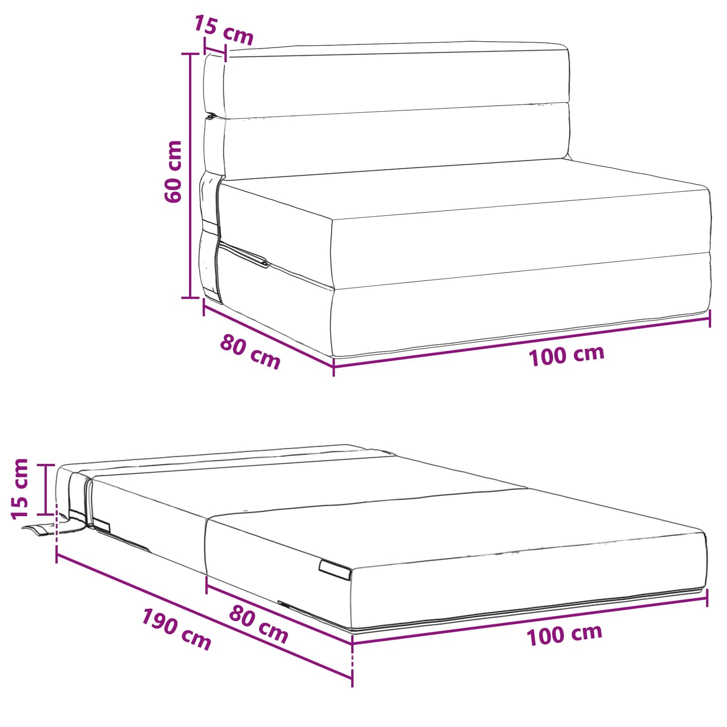 Vouwsofa Bed Zwart 190 x 100 x 15 cm Stof