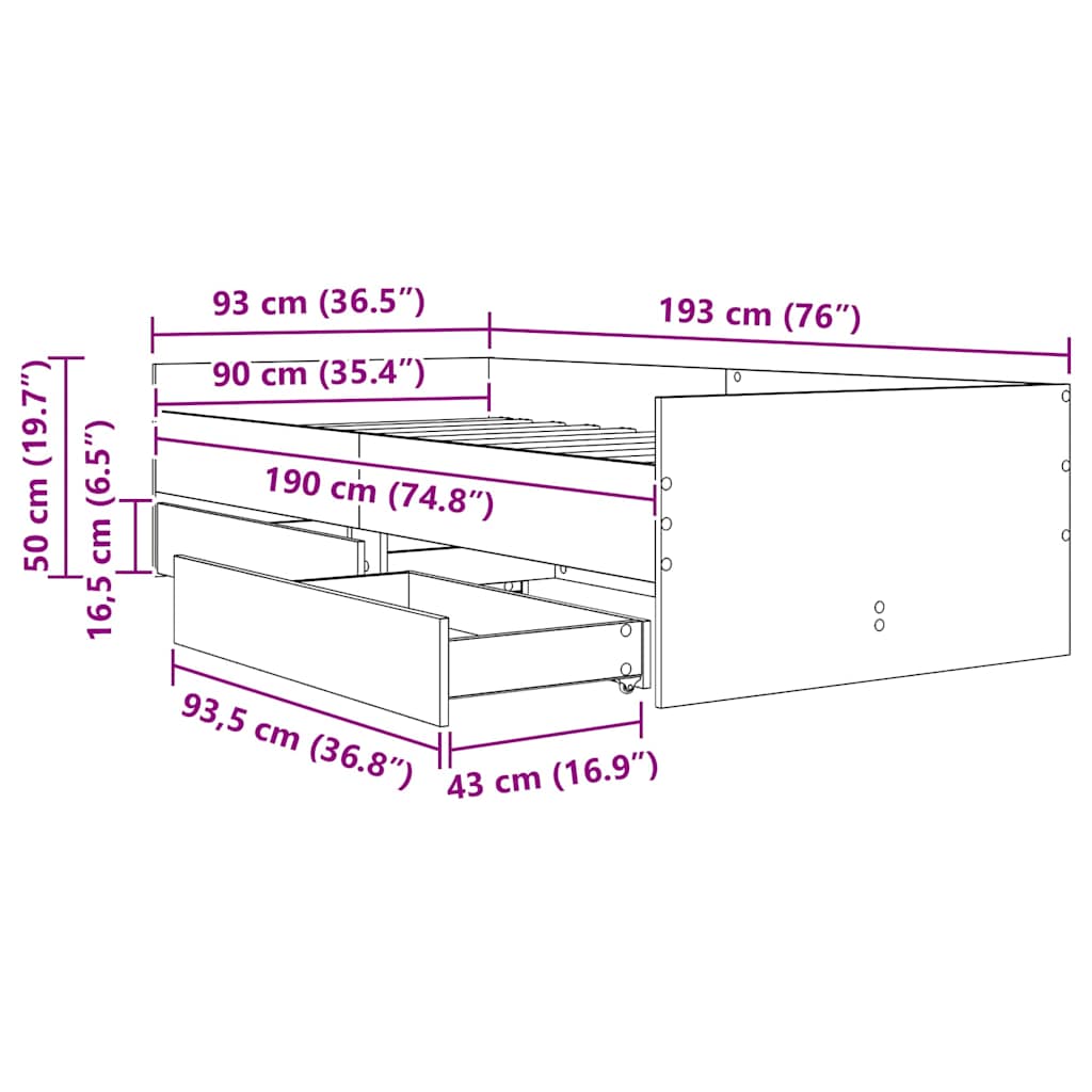 Bedframe met lade Zwart Eiken 90 x 190 cm Massief grenenhout