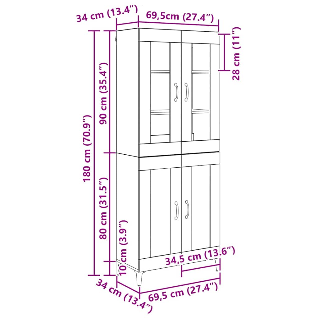 Hoge kast Zwart Eiken 69,5 x 34 x 180 cm Bewerkt hout