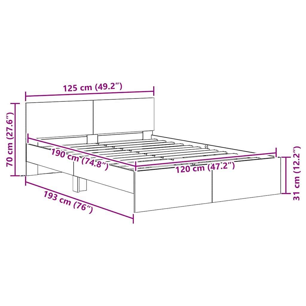 Bedframe met hoofdeinde Artisan Eiken 120 x 190 cm Bewerkt hout