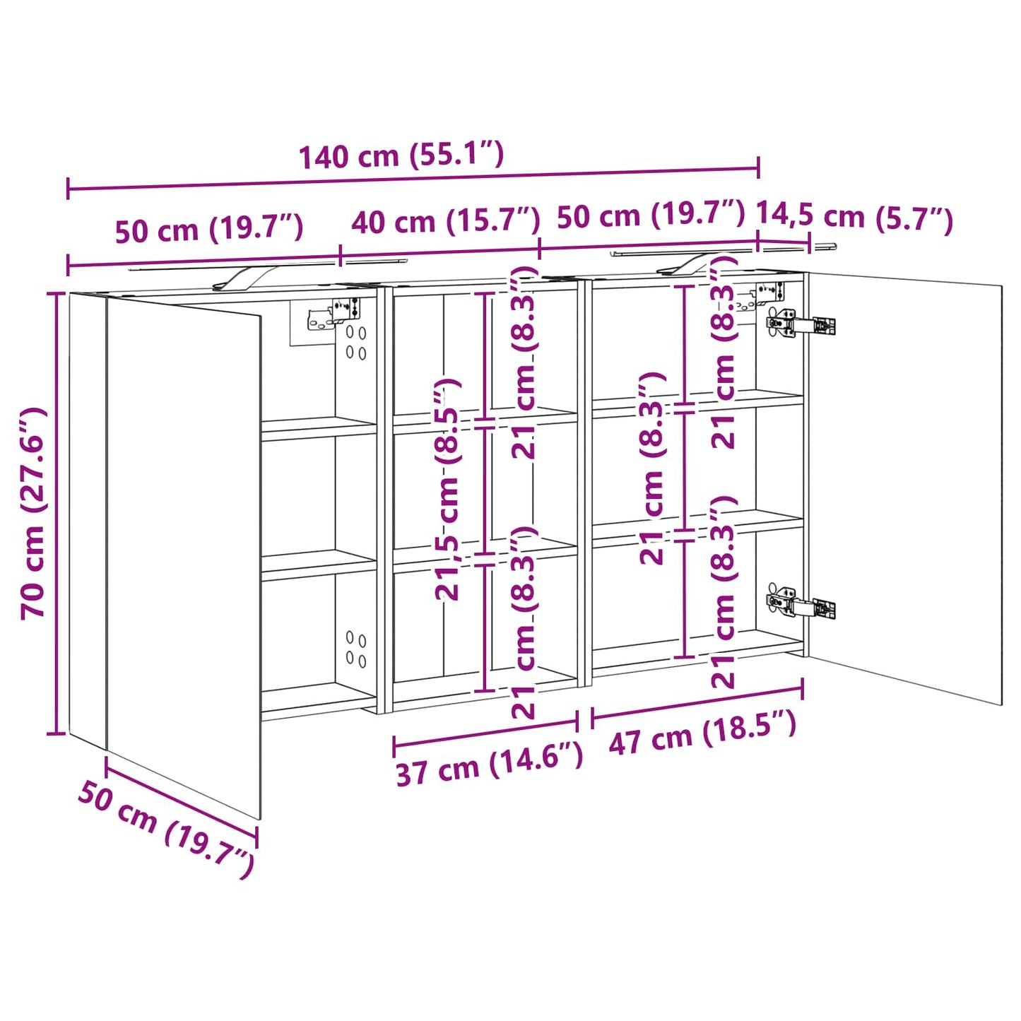 Badkamerkastenset 3 pcs 140 x 14,5 x 70 cm Bewerkt hout