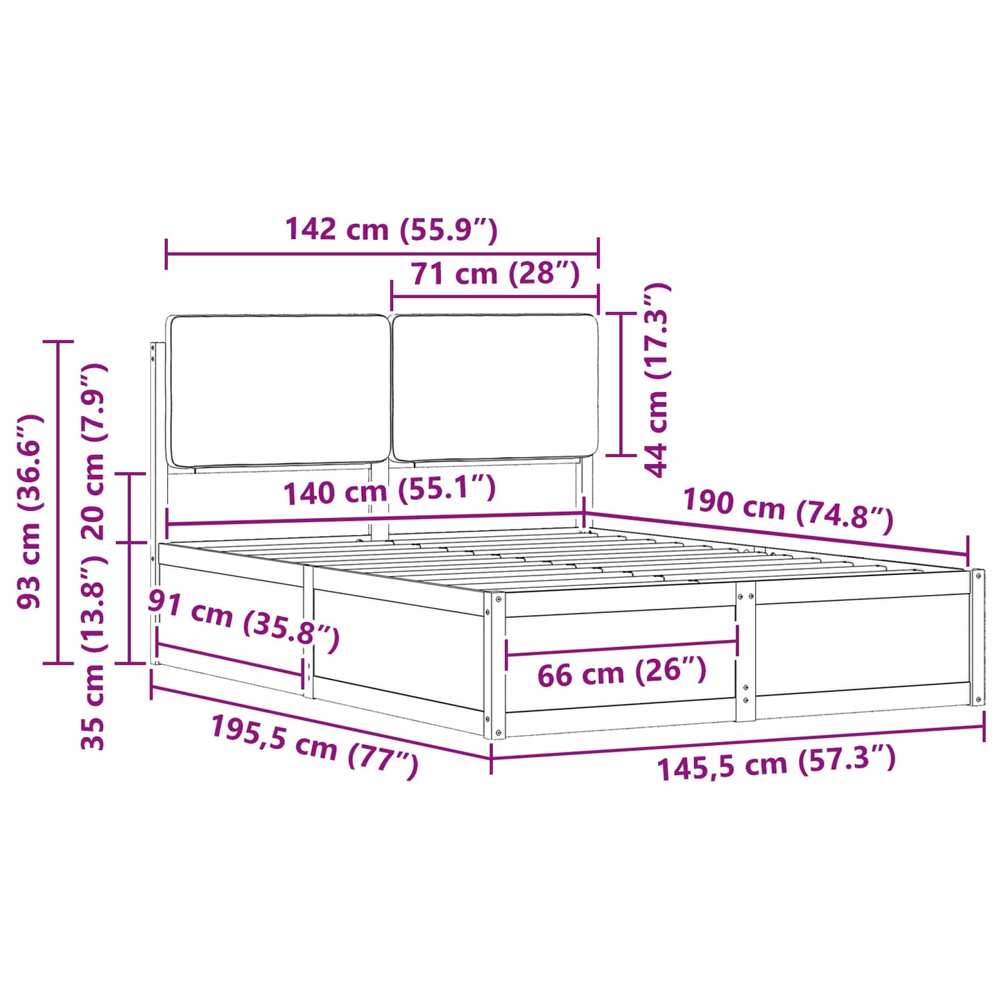 Bedframe met Gevoerd Hoofdgedeelte Zwart 140 x 190 cm