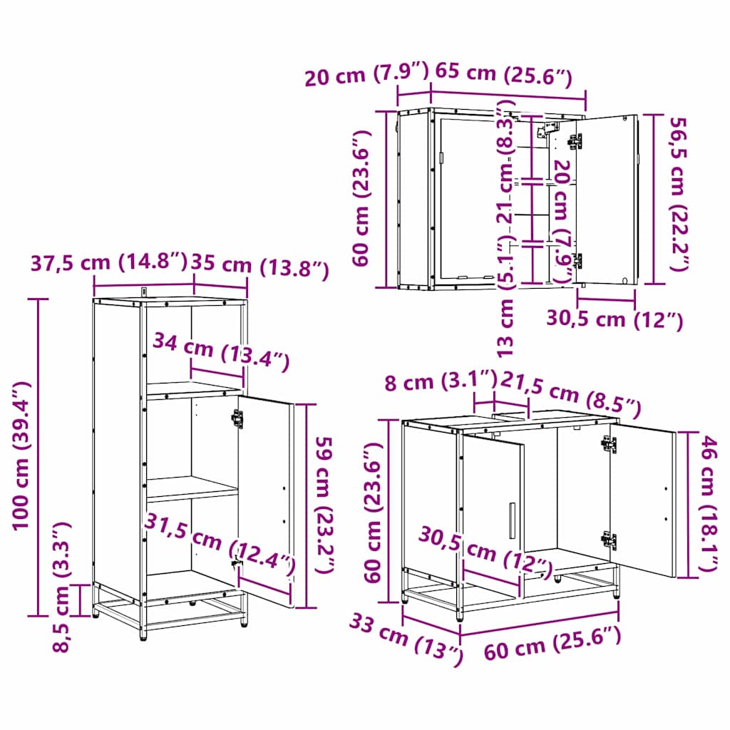 Badkamermeubelset met opslag 3 pcs Zwart eiken 60 x 33 x 60 cm