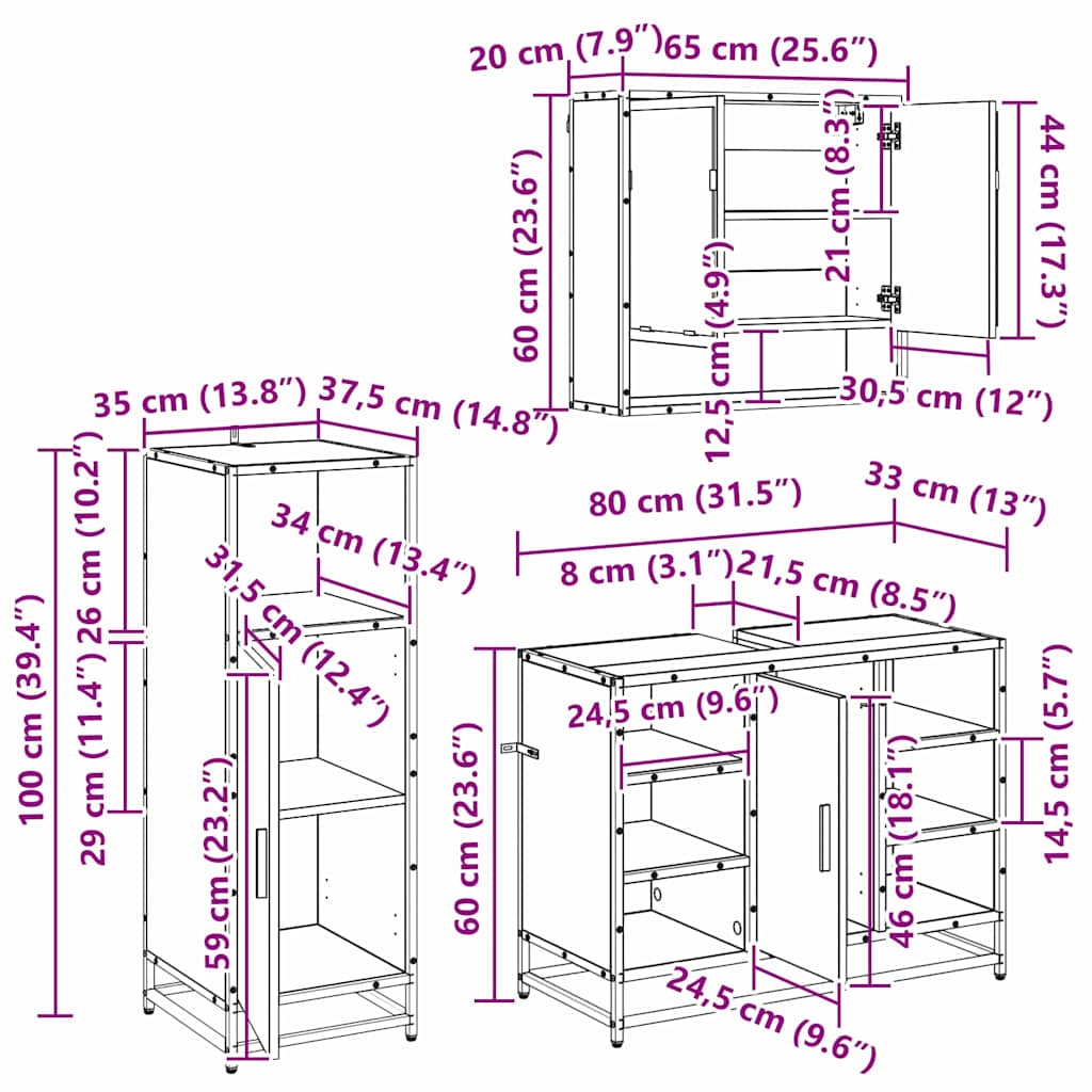 Badkamermeubelset met plank 3 pcs Zwart Eiken Bewerkt hout