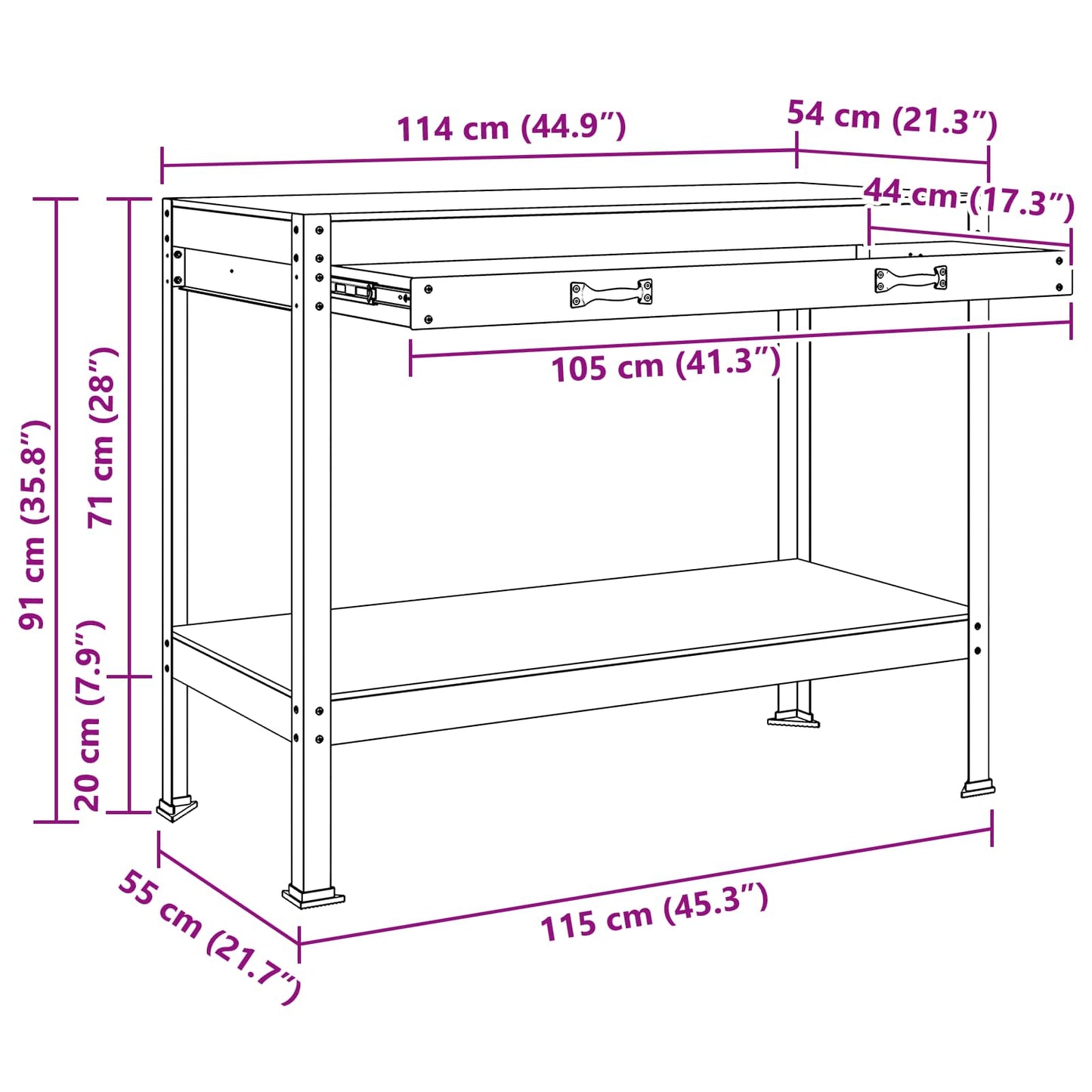Werkbanken Zwart 81 X 41 X 145 Cm Bewerkt Hout 115 cm met lade