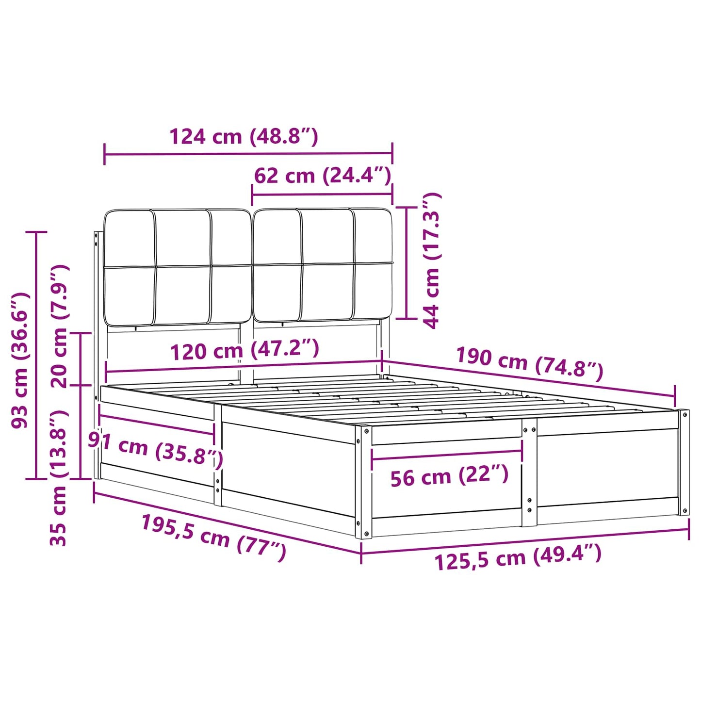 Bedframe Met Gevoerd Hoofdgedeelte 120 x 190 cm Bruin en donkergrijs