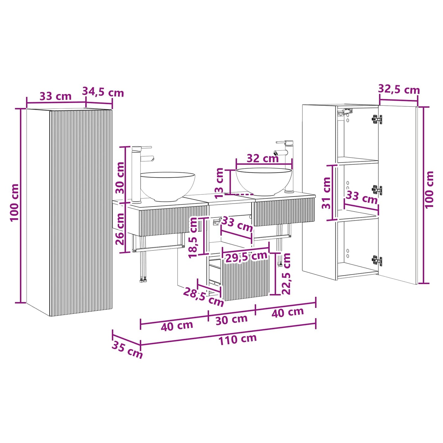 Badkamermeubelset 5 st Wit 33 x 34,5 x 100 cm Bewerkt hout