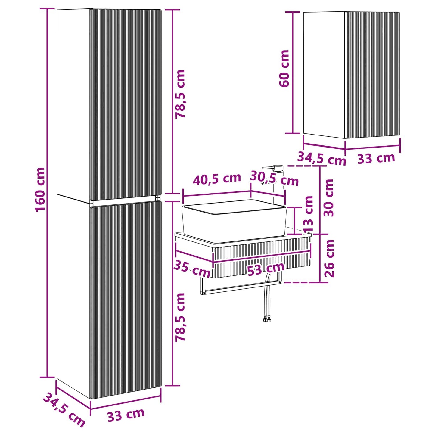 Badkamermeubelset 3 st Oud hout 33 x 34,5 x 160 cm Bewerkt hout