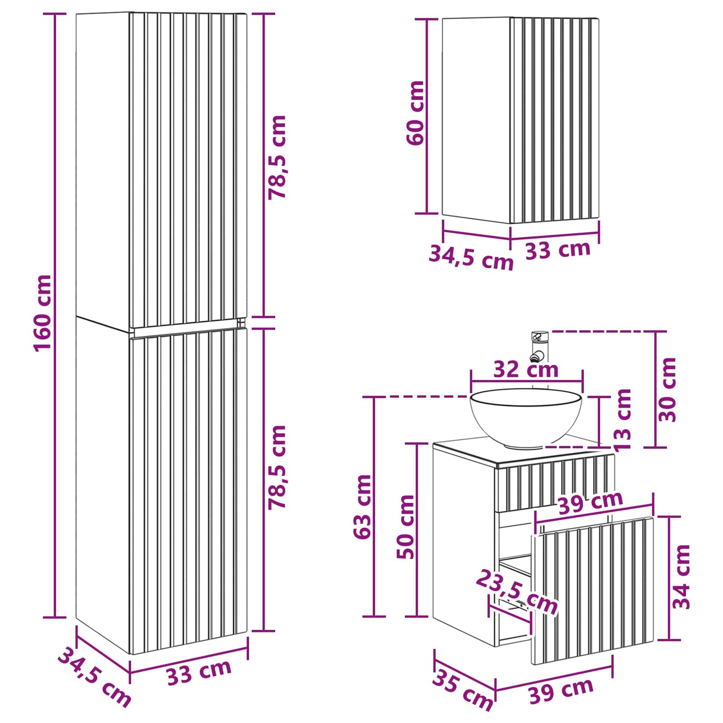 Badkamermeubelset 3 st Sonoma Eiken 33 x 34,5 x 160 cm