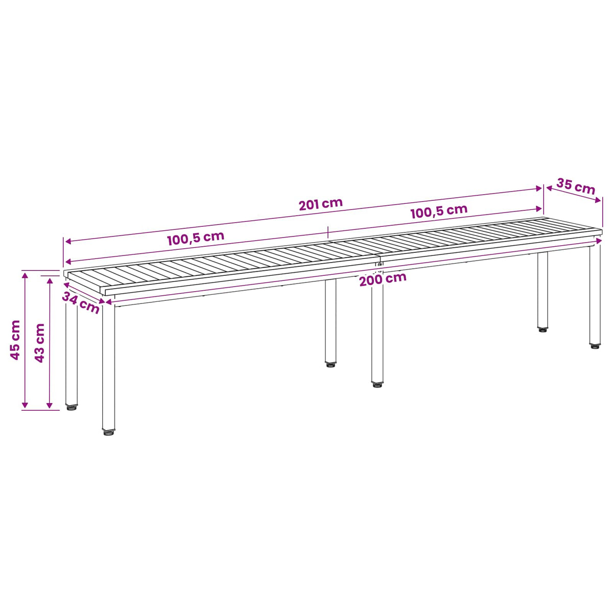 Tuinbank 201 x 35 x 45 cm Massief Acaciahout Wit en zwart