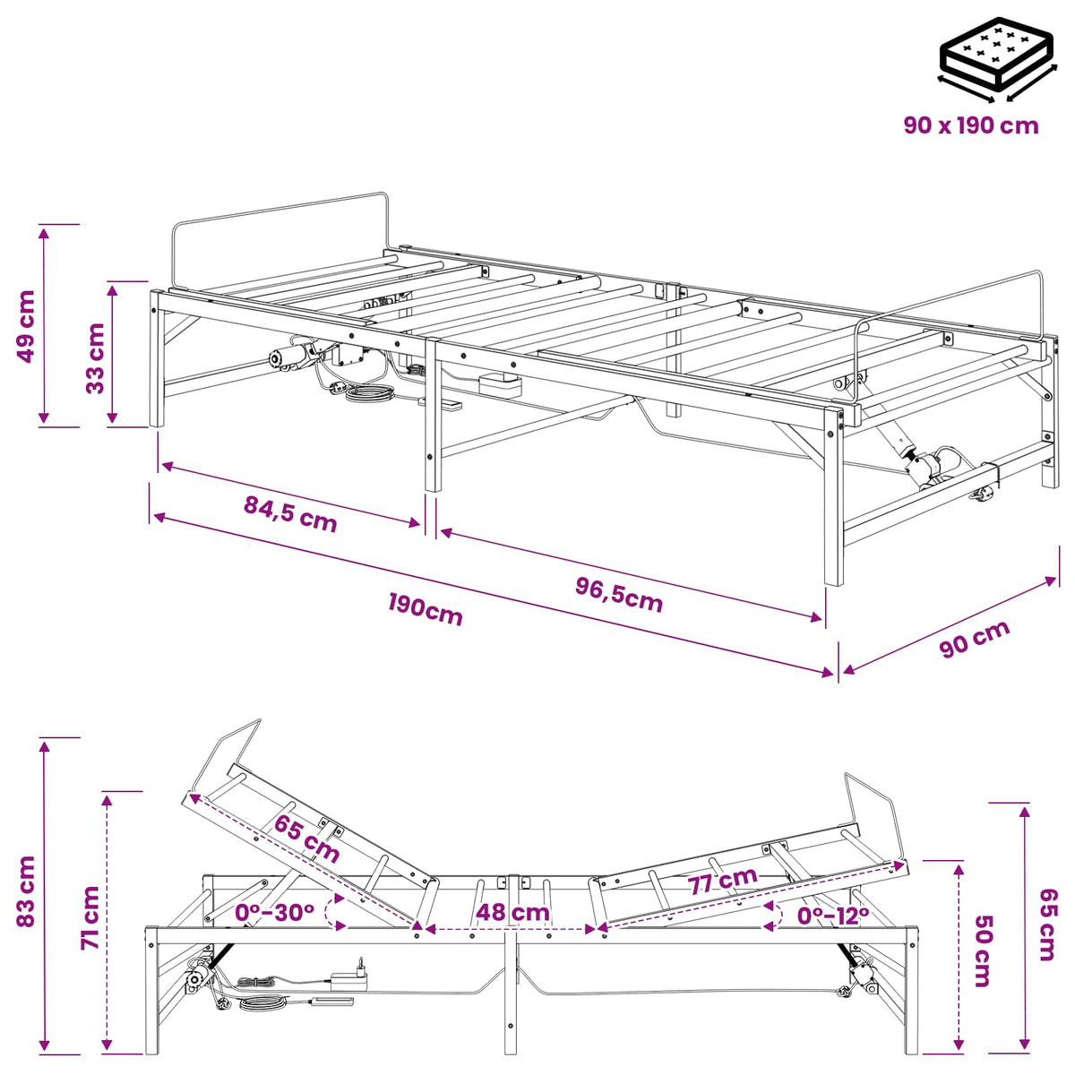 Elektrisch Verstelbaar Bedframe Wit 90 x 190 cm Staal