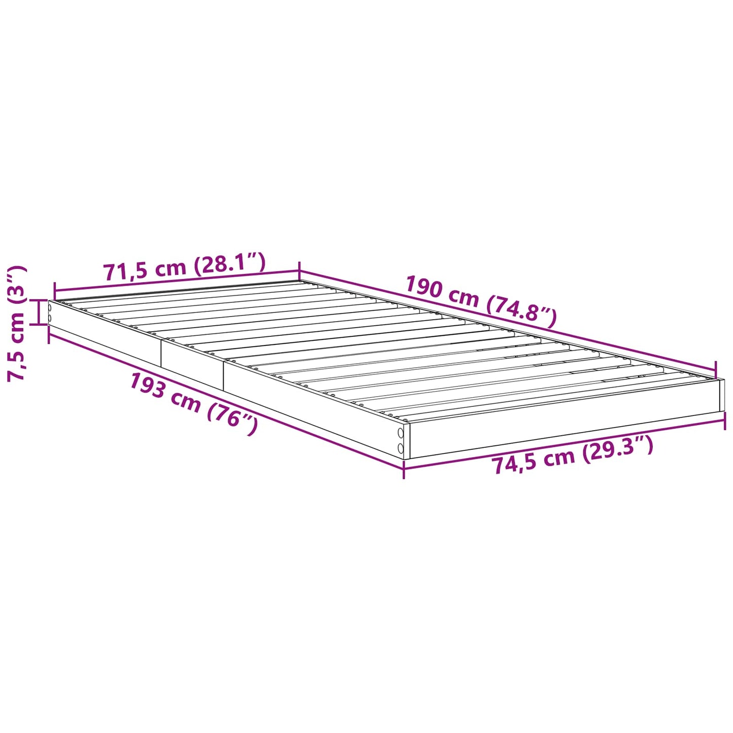 Vloer bedframe Oudhout 70 x 190 cm Bewerkt hout