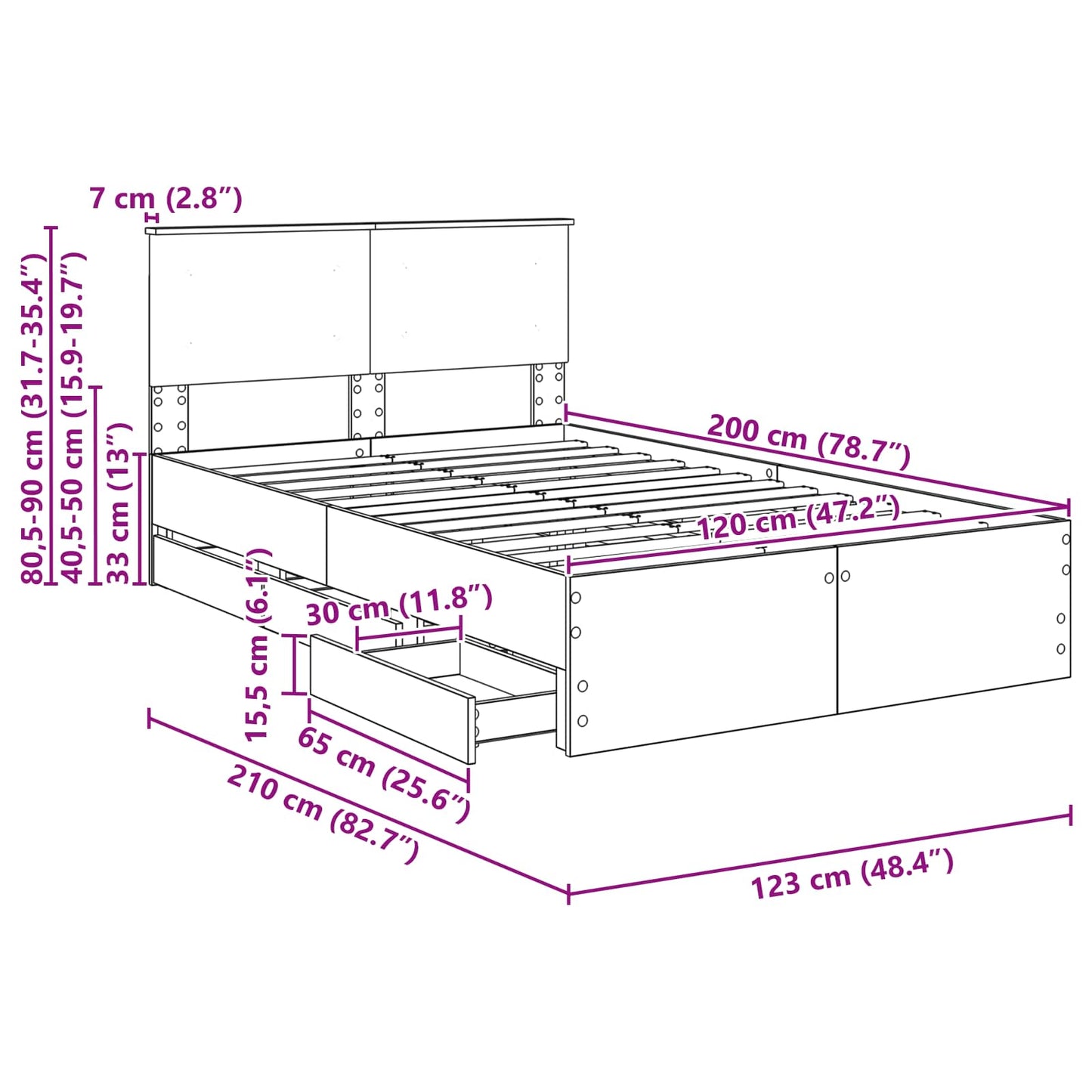 Bedframe met lade Gerookt eiken 120 x 200 cm Ingenieurshout