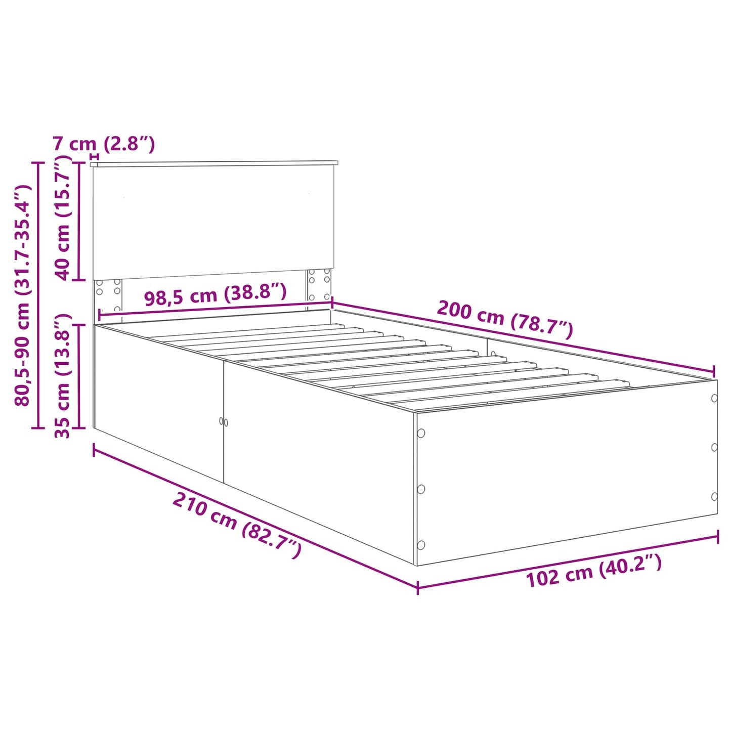 Bedframe met hoofdeinde Grijs Sonoma 100 x 200 cm Bewerkt hout