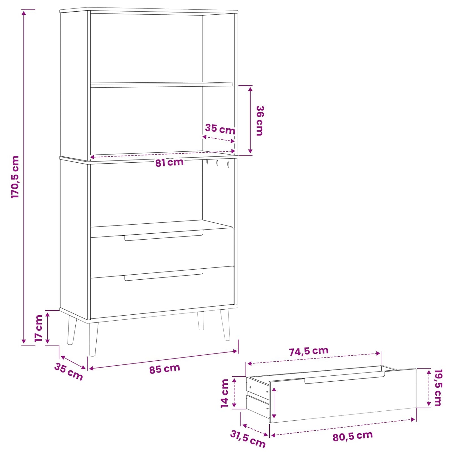 Boekenkast MOLDE 85 x 35 x 170,5 cm Massief grenenhout Caramel