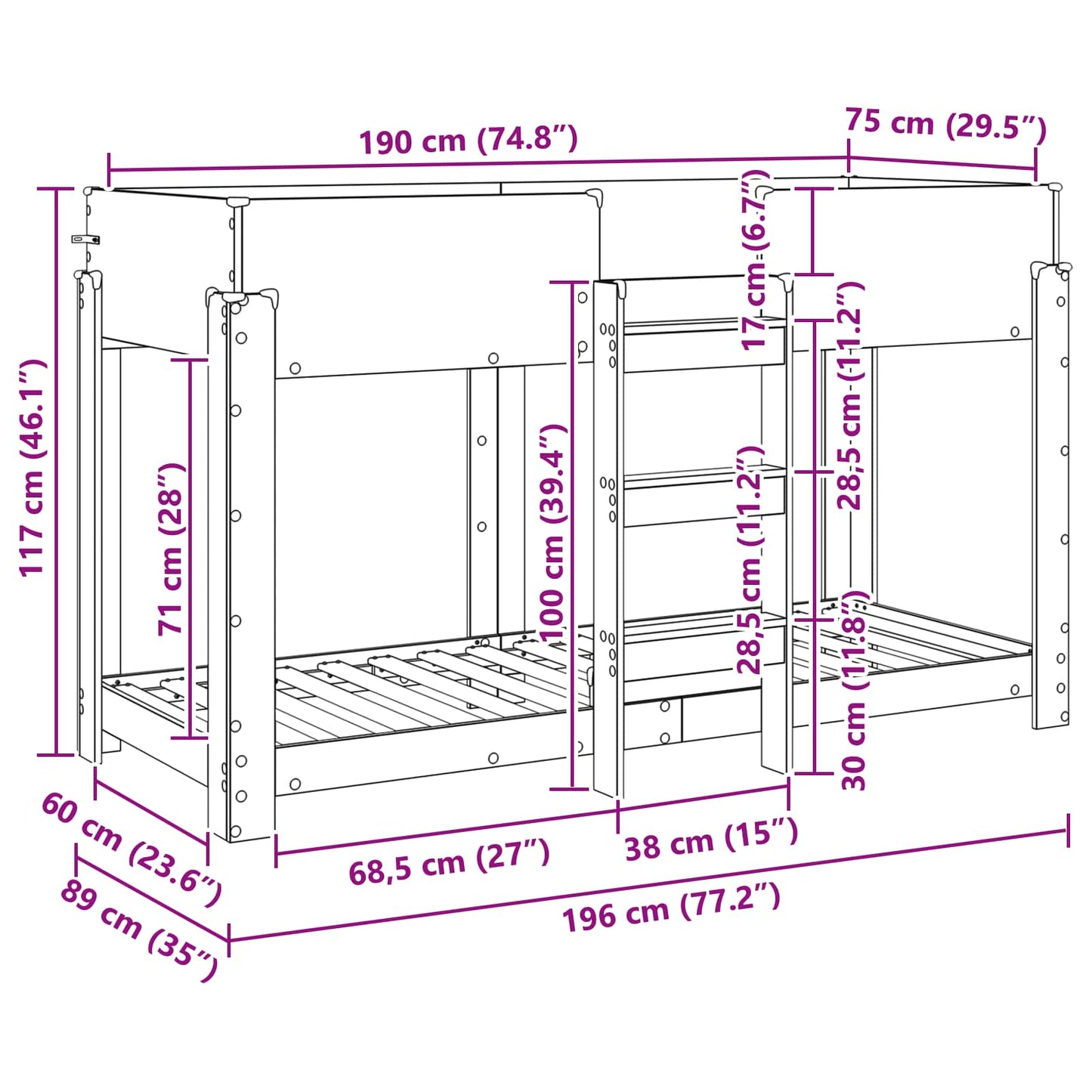 Bunk Bed voor Kinderen Oudhout 80 x 190 cm Bewerkt hout