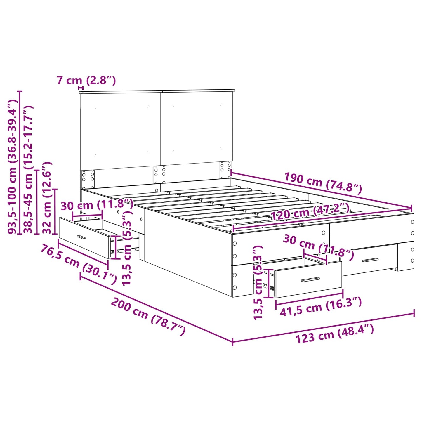 Bedframe met hoofdeinde Zwart 120 x 190 cm Bewerkt hout