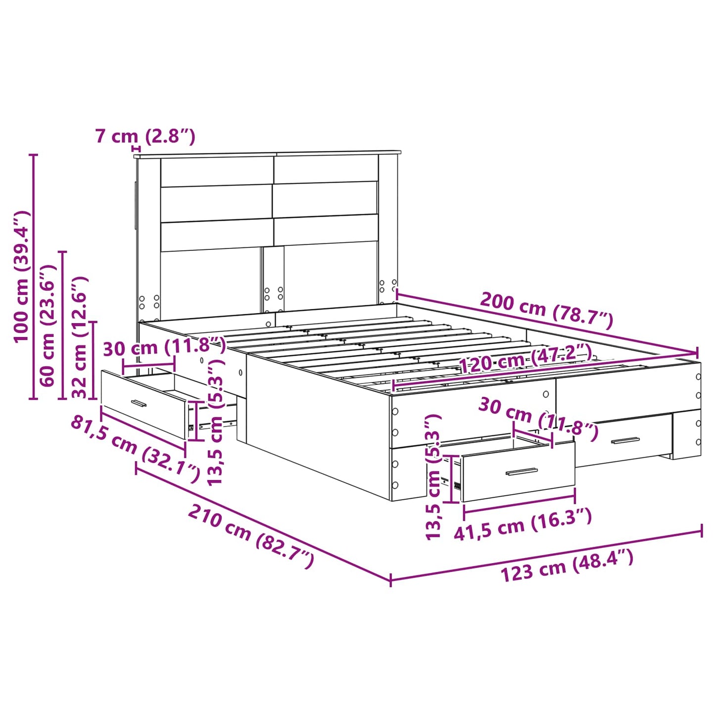 Bedframe met lade met hoofdeinde met opslag Bewerkt hout
