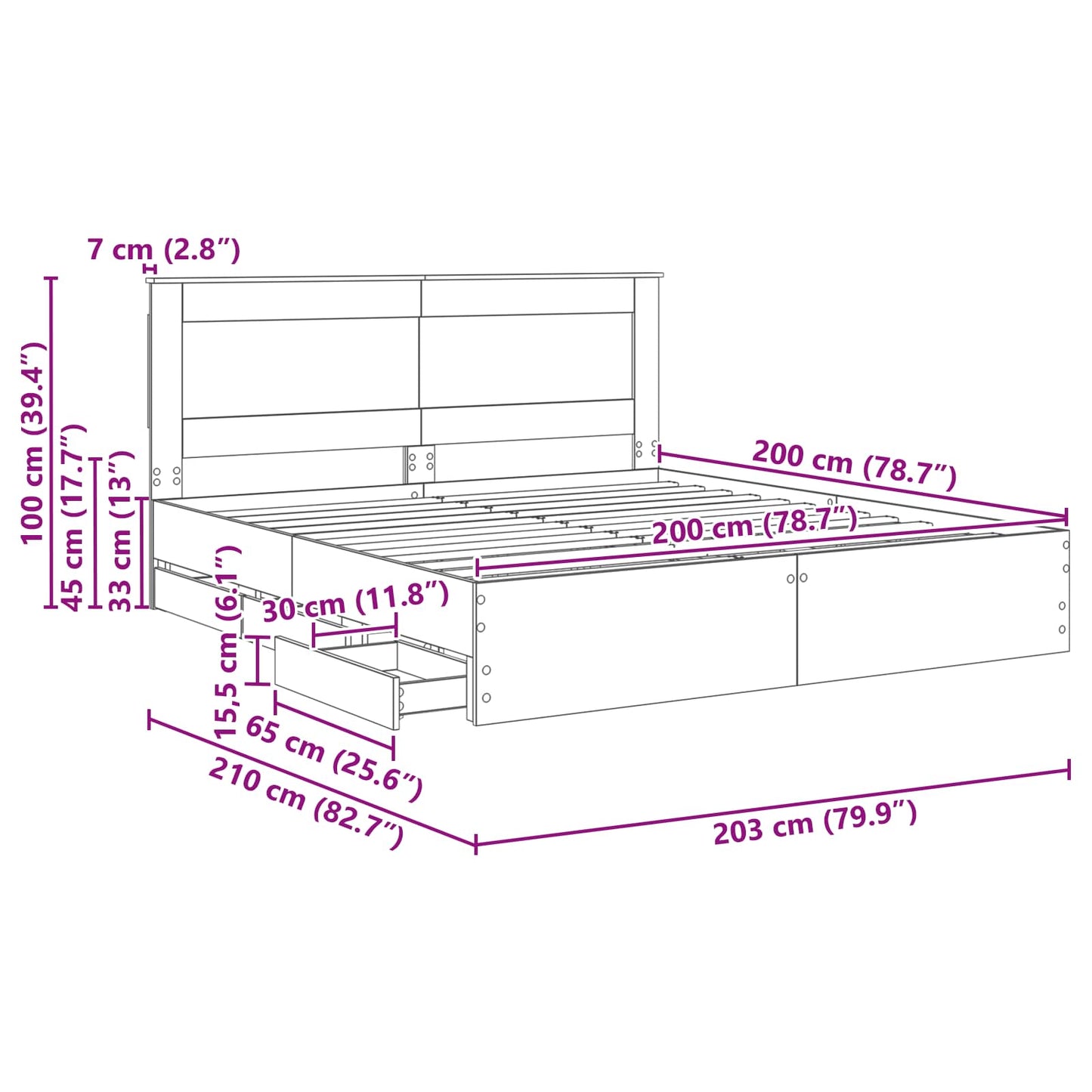 Bedframe met lade Grijs Sonoma 200 x 200 cm Ingenieurshout