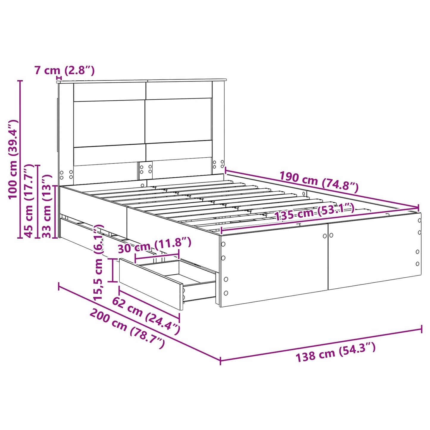 Bedframe met lade Beton Grijs 135 x 190 cm Ingenieurshout
