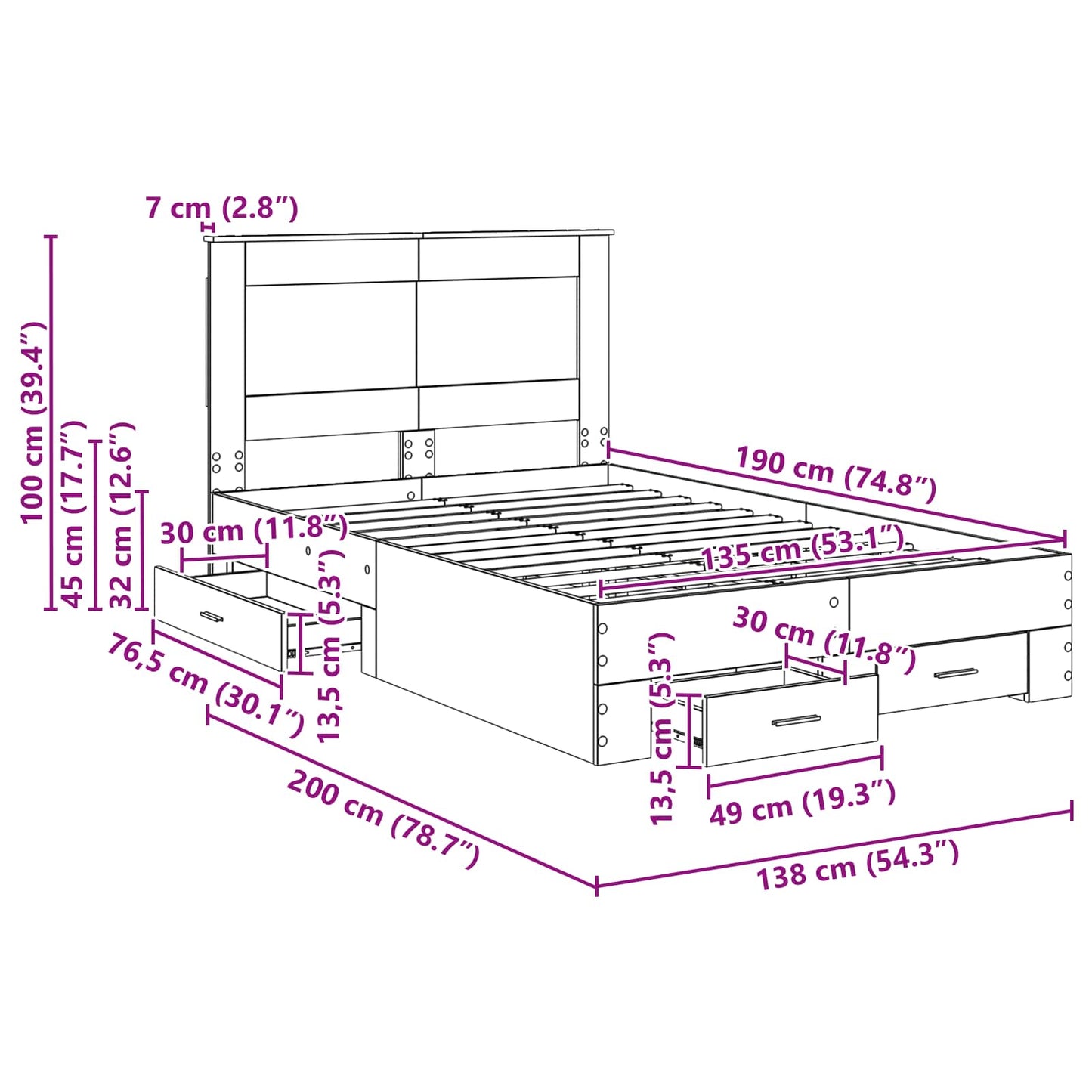 Bedframe met lade met hoofdeinde met opslag Bewerkt hout