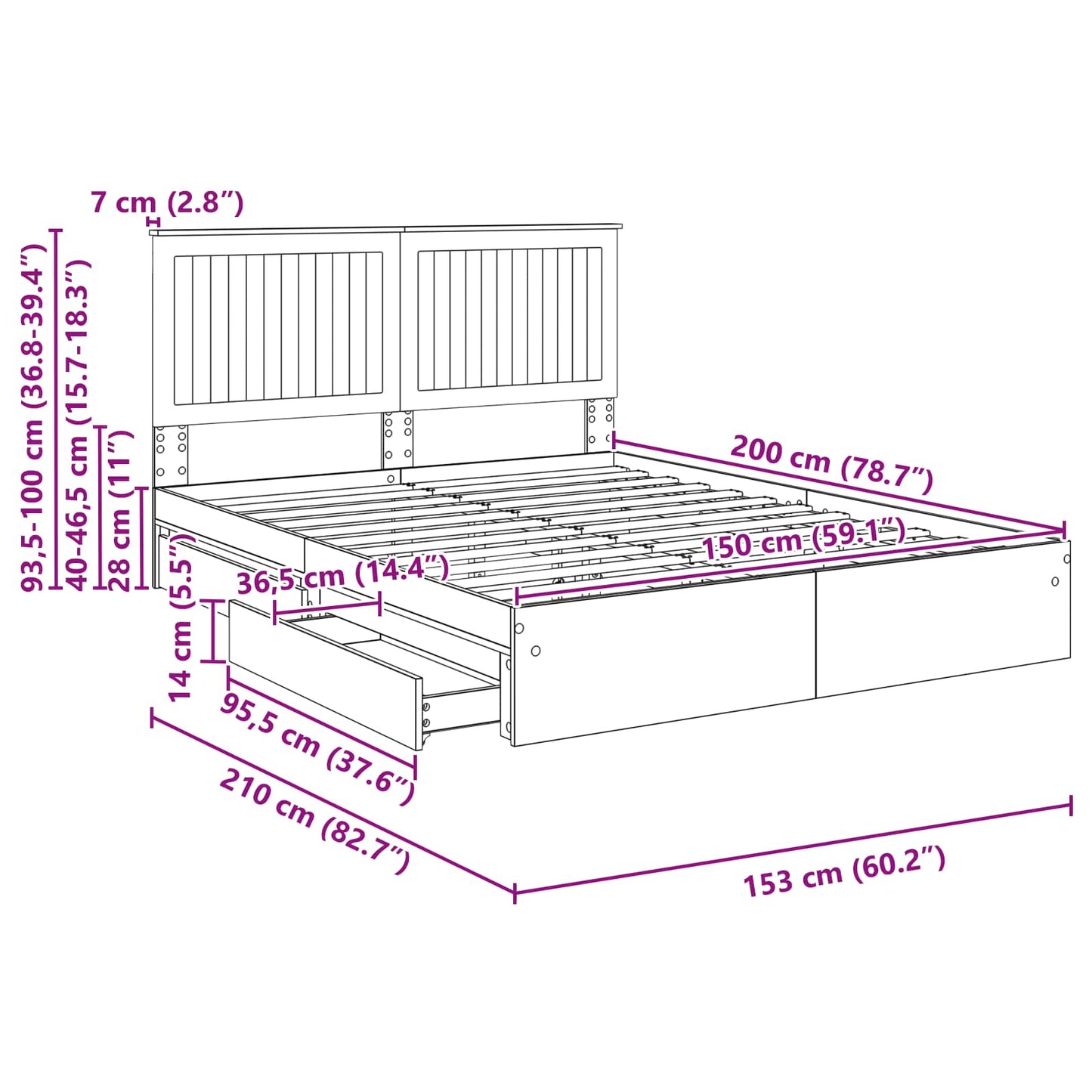 Opslag bed met lade Grijs Sonoma 150 x 200 cm Bewerkt hout