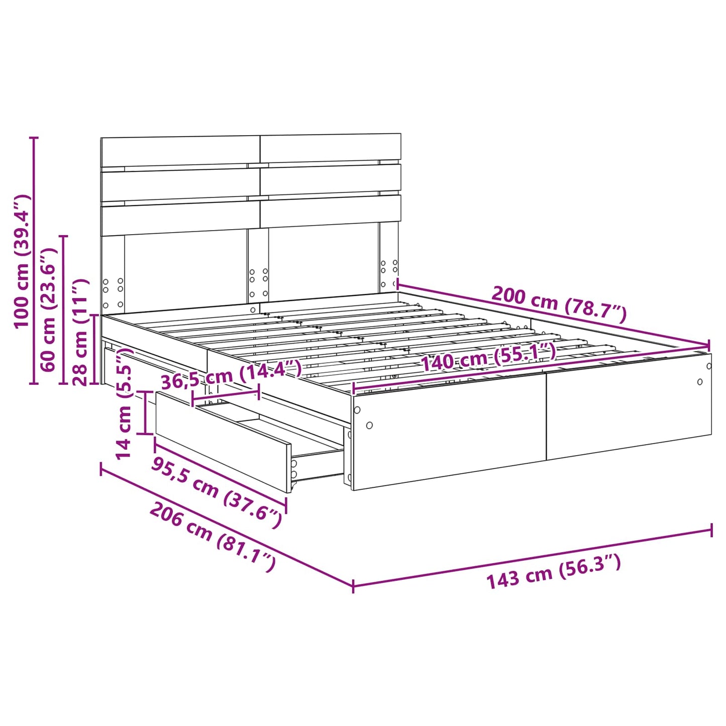 Opslag bed met hoofdeinde Wit 140 x 200 cm Bewerkt hout