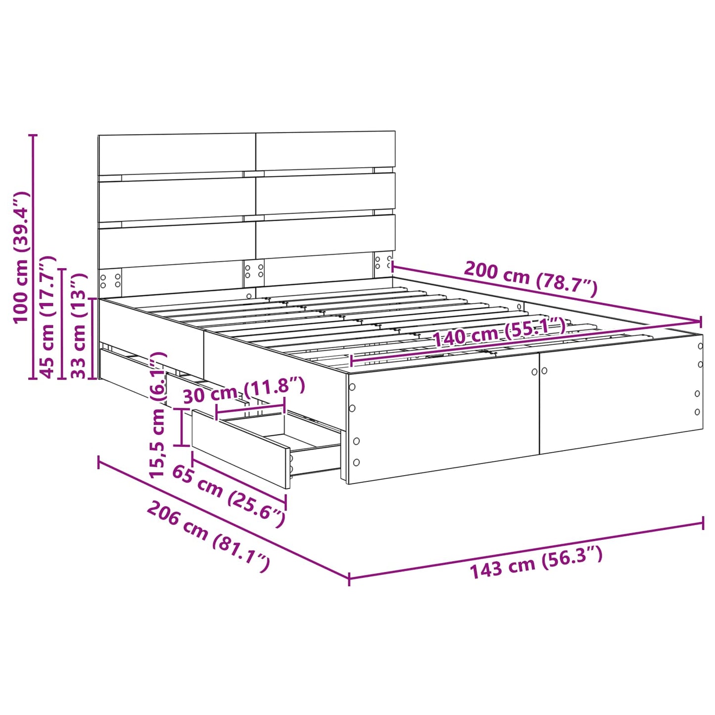 Bedframe met lade Sonoma Eiken 140 x 200 cm Ingenieurshout