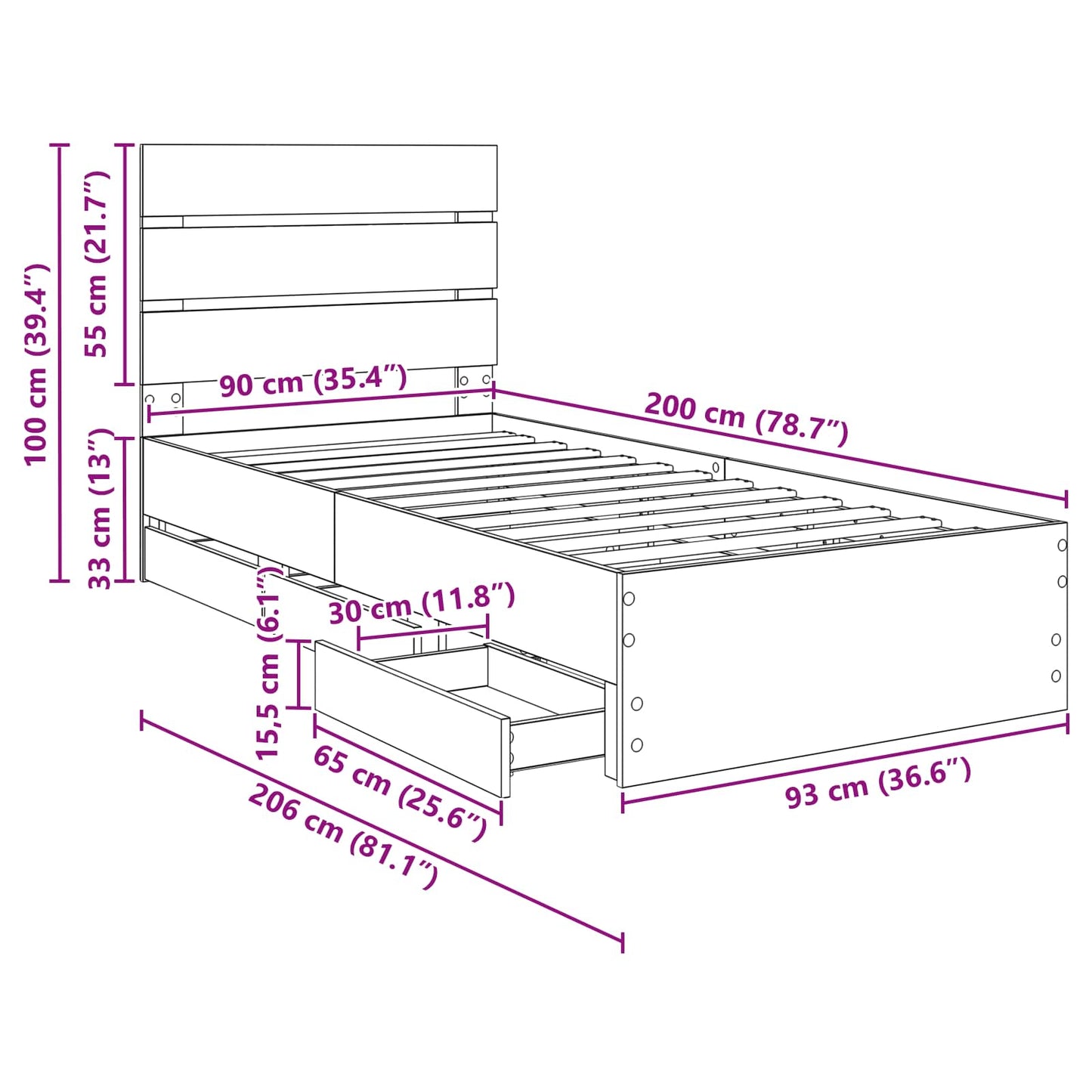 Bedframe met lade Grijs Sonoma 90 x 200 cm Ingenieurshout