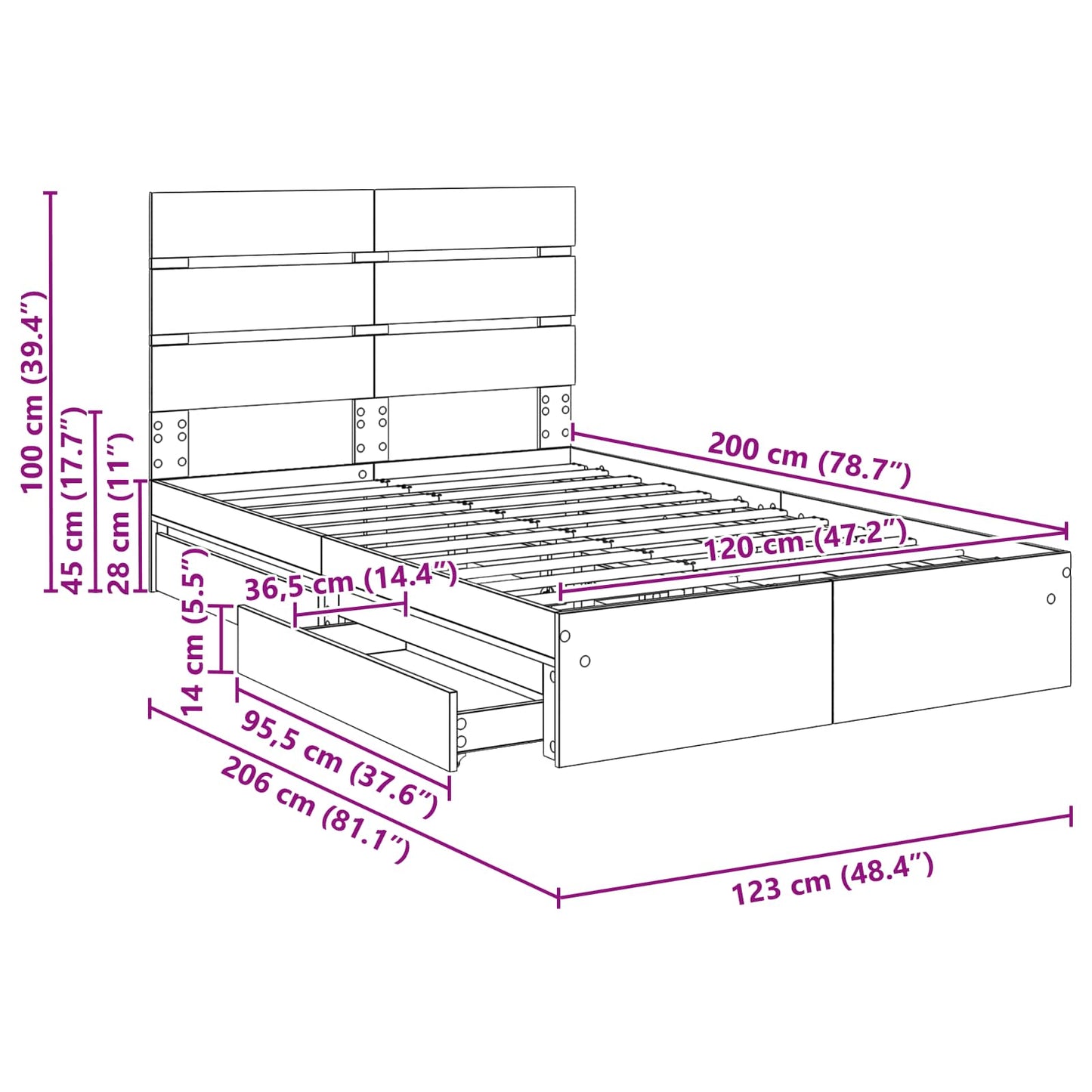 Opslag bed met lade Sonoma Eiken 120 x 200 cm Bewerkt hout