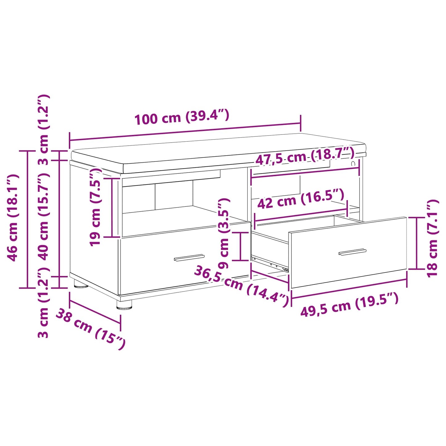 Halbank met kussen met lade Gerookt eiken 100 x 38 x 46 cm