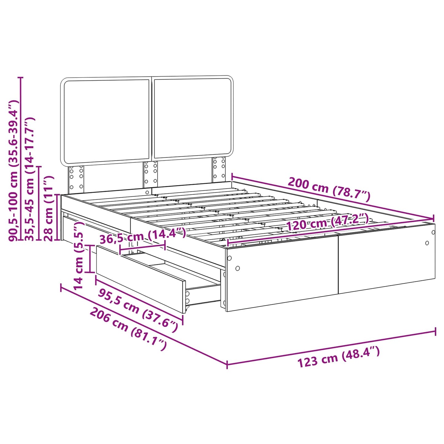 Opslag bed met lade Sonoma Eiken 120 x 200 cm Bewerkt hout