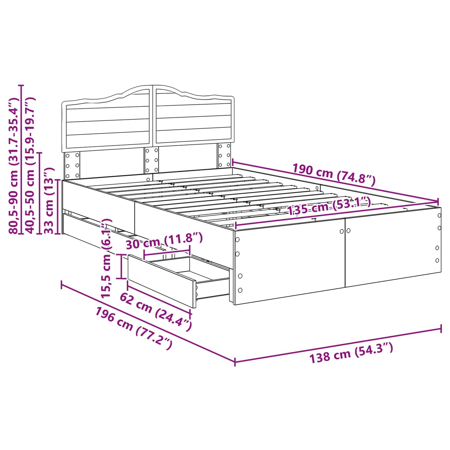 Bedframe met lade Gerookt eiken 135 x 190 cm Ingenieurshout