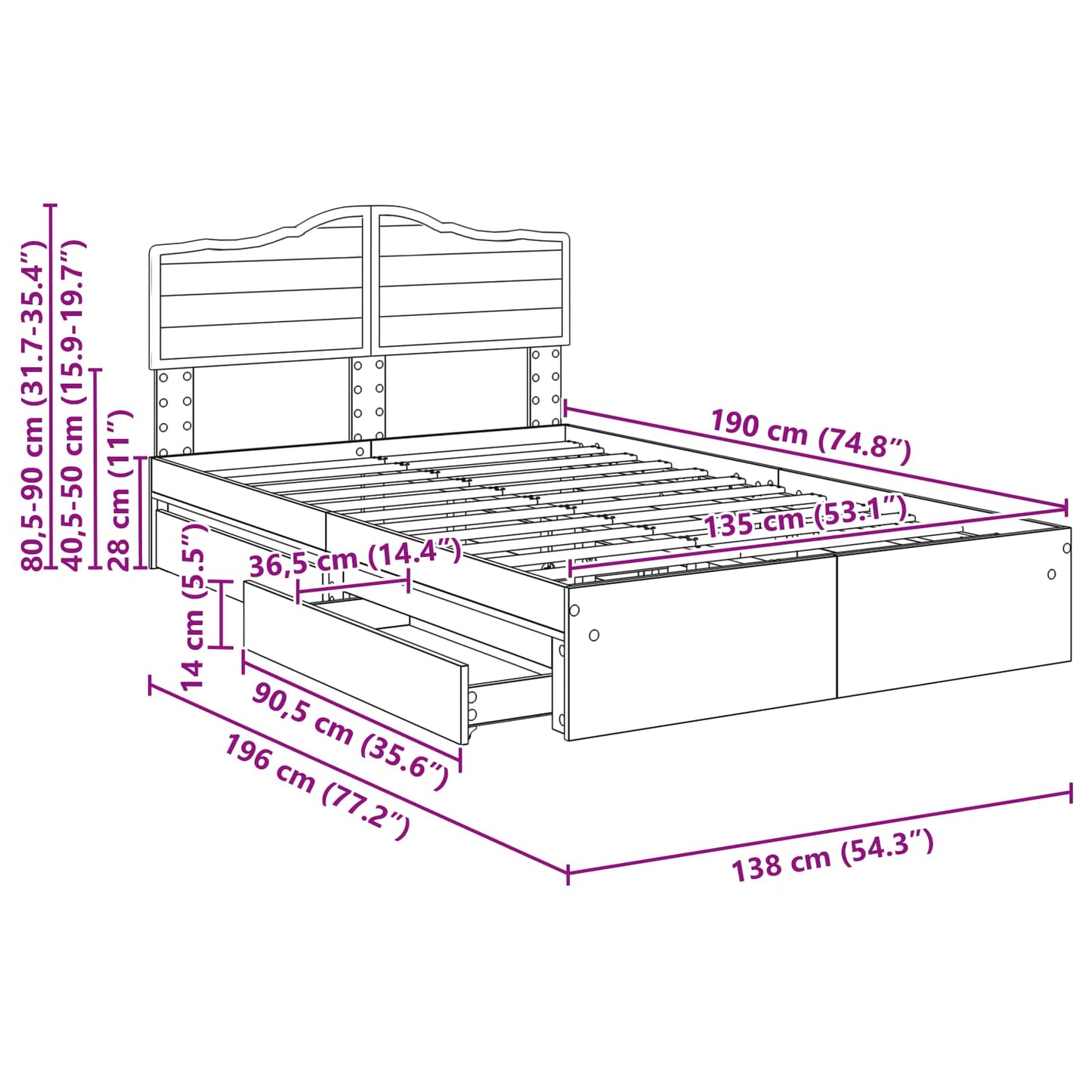 Opslag bed met lade Sonoma Eiken 135 x 190 cm Bewerkt hout