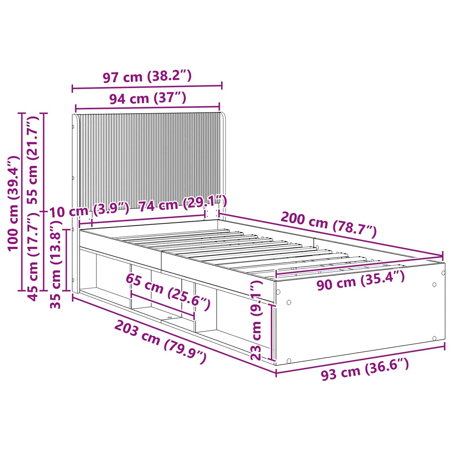 Bedframe met opbergruimte en hoofdbord Wit 90 x 200 cm