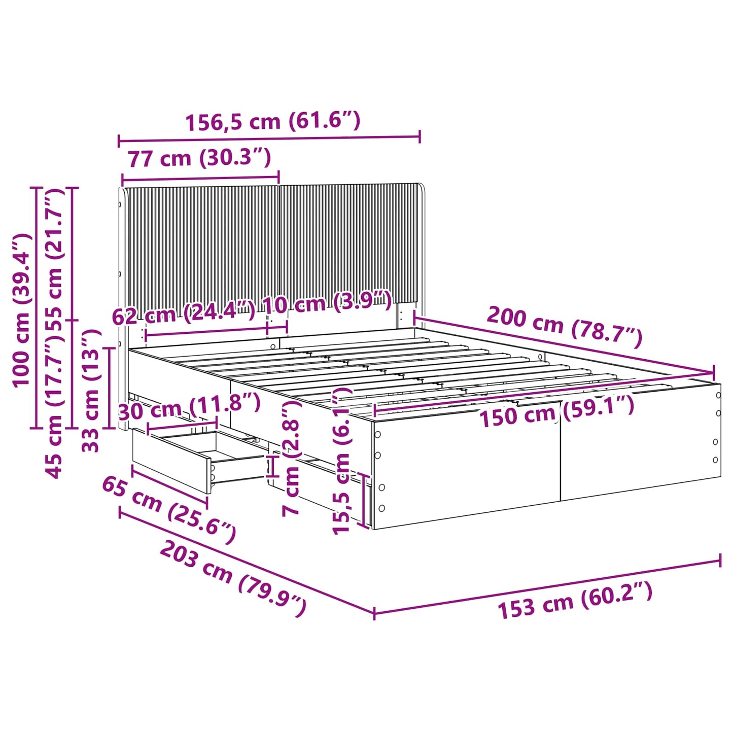 Bedframe met opbergruimte en hoofdbord met lade Sonoma Eiken