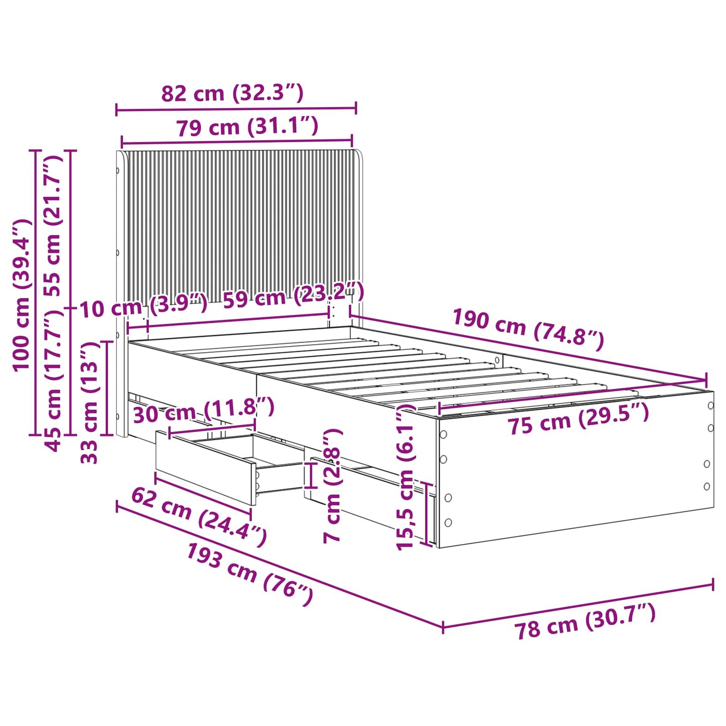 Bedframe met opbergruimte en hoofdbord met lade Gerookt eiken