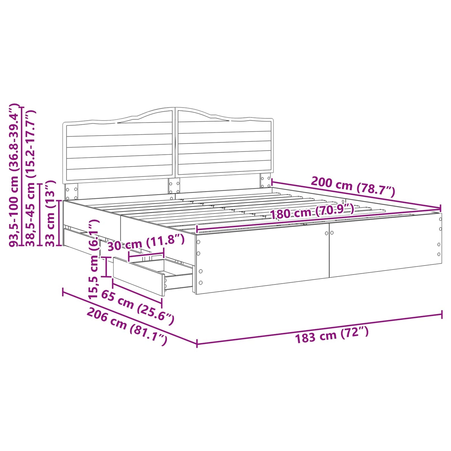 Bedframe met lade met opslag Wit 180 x 200 cm Ingenieurshout