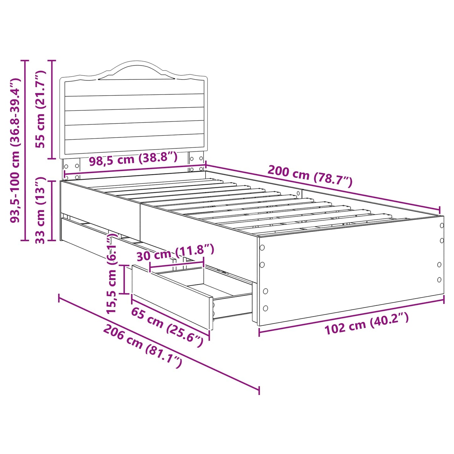 Bedframe met lade Grijze Sonoma 100 x 200 cm Ingenieurshout