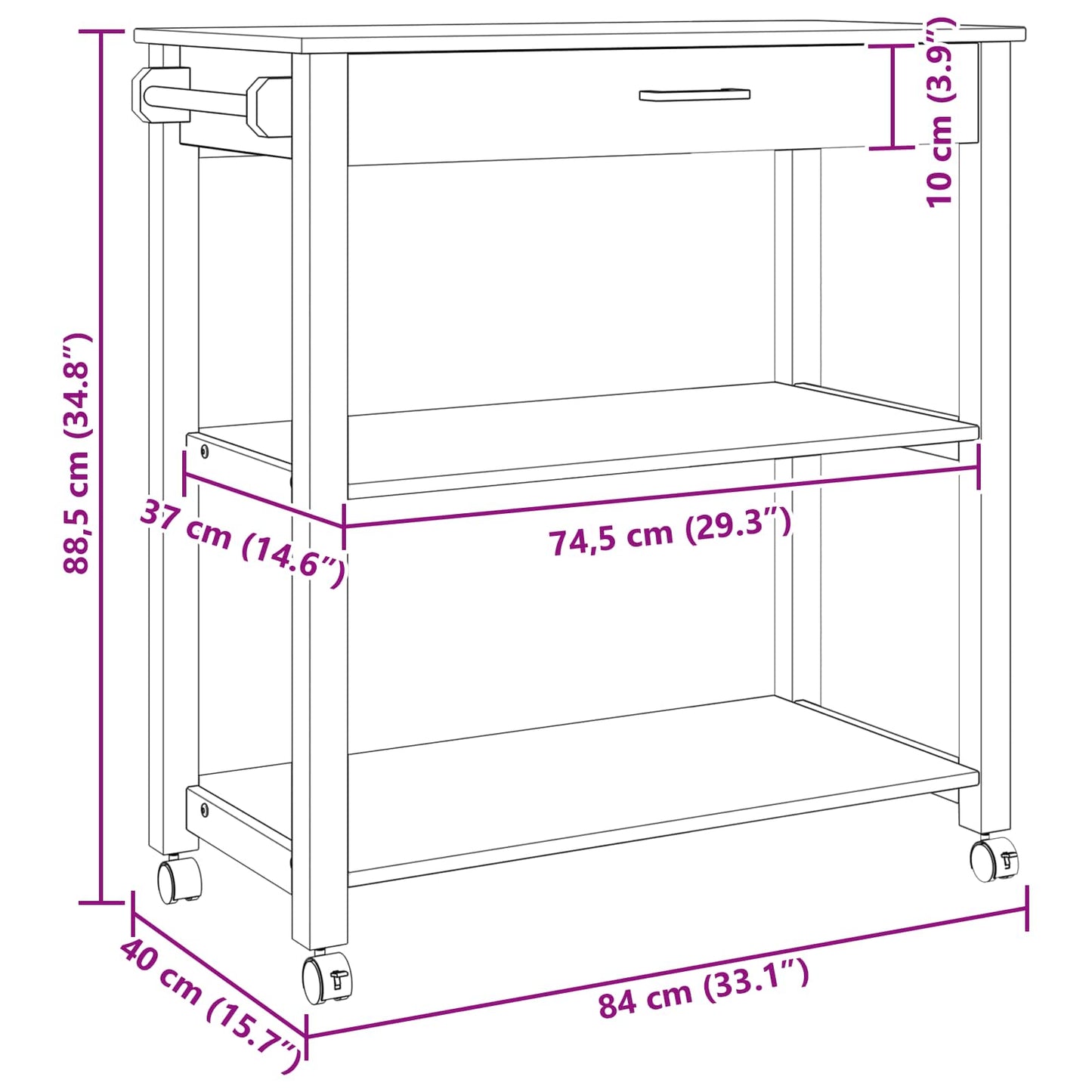 Keuken Trolley Effen 88,5 X 40 X 48 Cm 84 x 40 x 90 cm Zwart