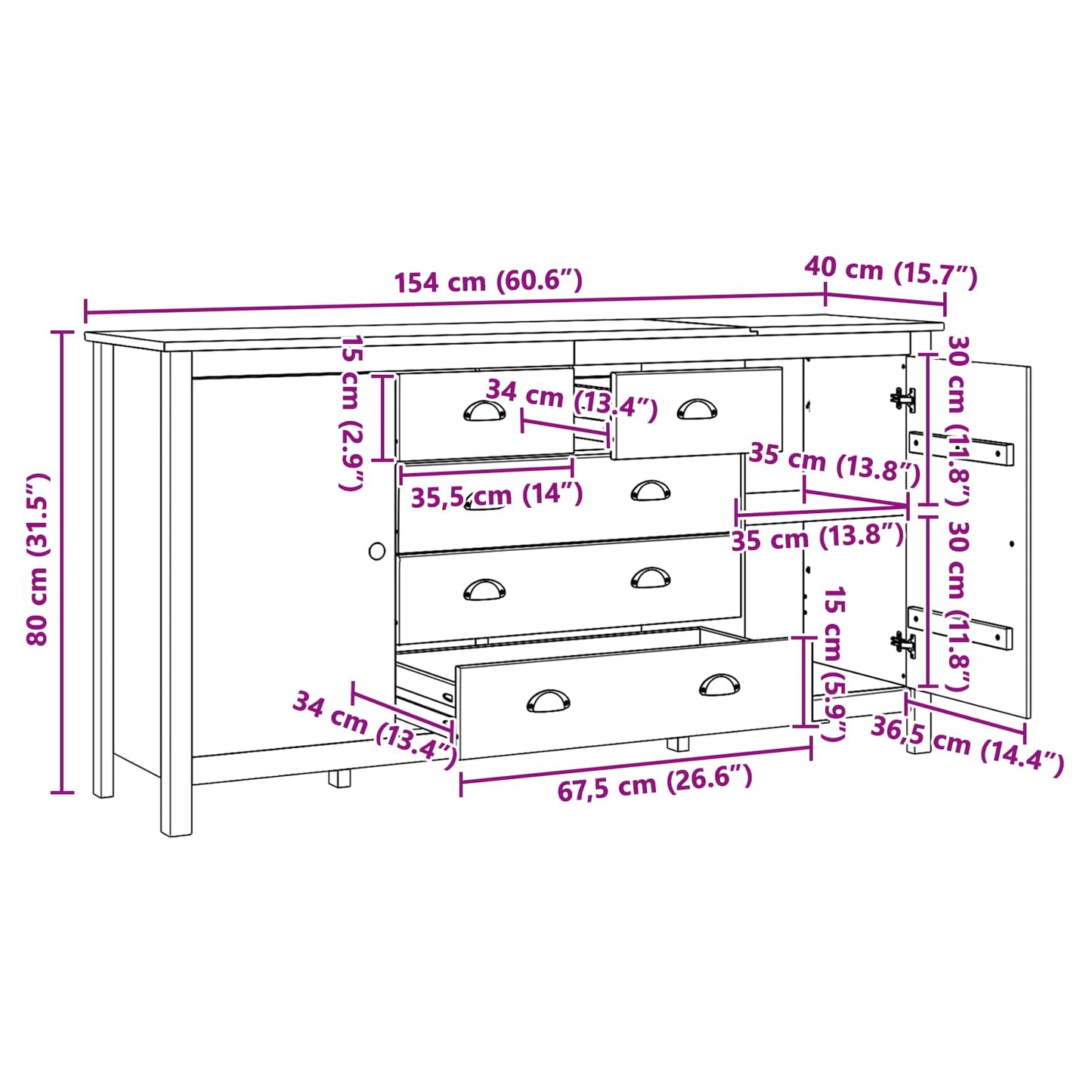 Dressoir HILL Honingbruin 154 x 40 x 80 cm Massief grenenhout