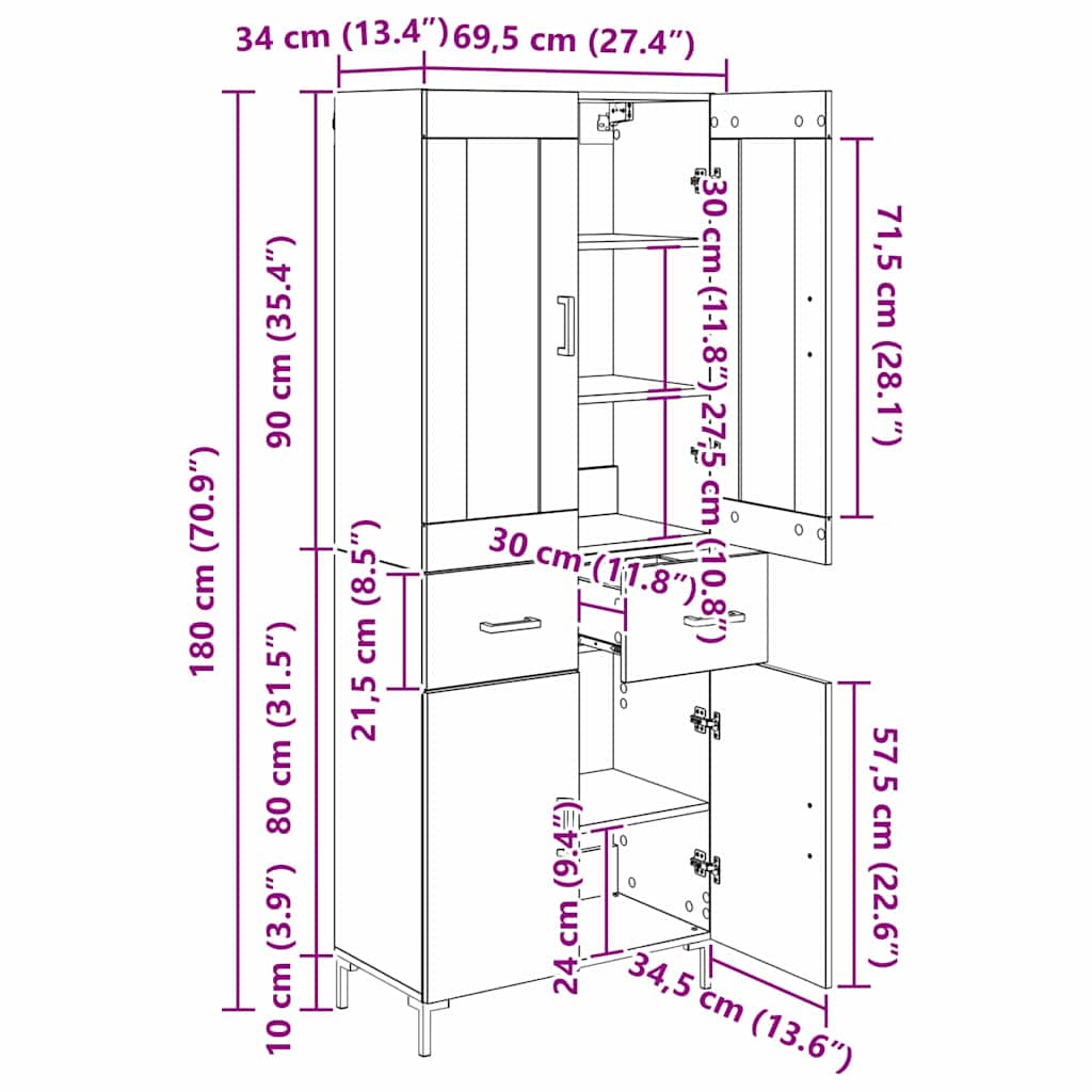 Hoge kast 2 pcs Oudhout 69,5 x 34 x 180 cm Bewerkt hout