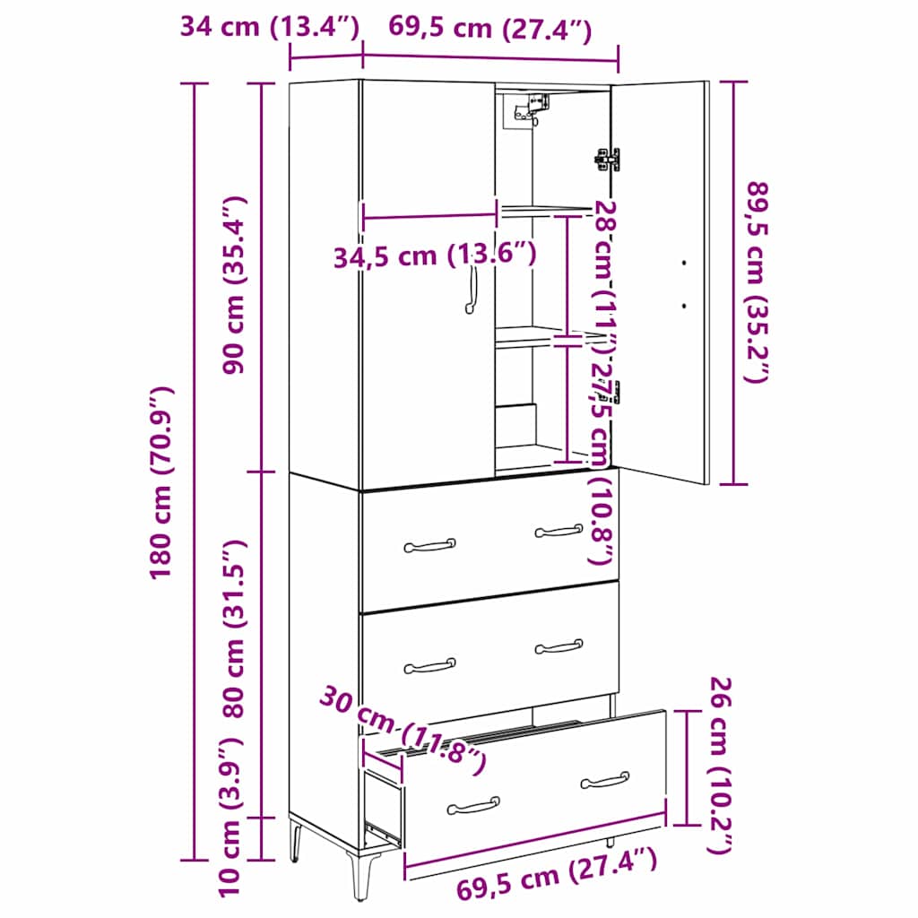 Highboard met lade Oud Hout 69,5 x 34 x 180 cm Bewerkt hout
